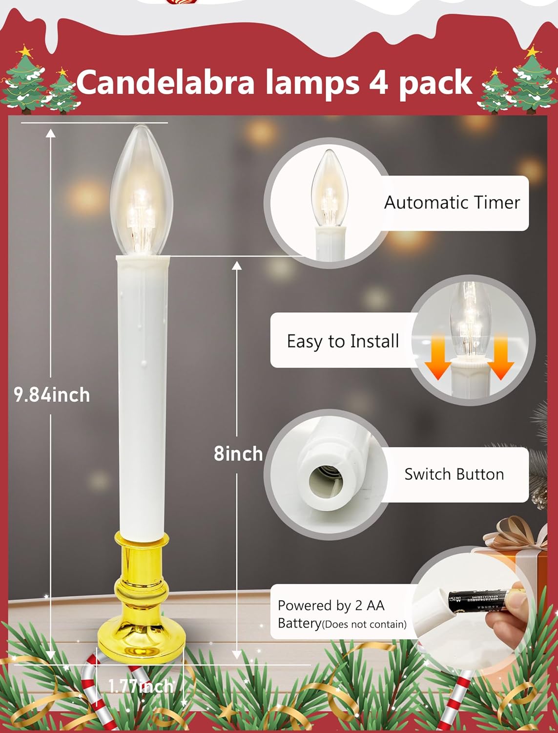 4 Pack Christmas Battery Operated Window Candles with Timer (6-18H), Wireless Window Candle Light with Gold Candlestick Base, C26 LED Bulb Candle Lamp for Home Party Valentines Decor, 4 Suction Cups - Image 2