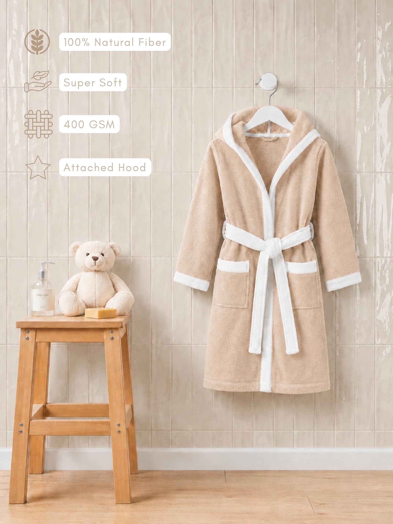 RANGOLI Noble 100% Cotton Terry Kids Bathrobe, 400 GSM, Ultra Soft Plush Hooded Bathrobe for Girls with 2 Pockets and Attached Adjustable Belt | Gown Bathrobe for kids Girls 13-14 Years, Beige 4