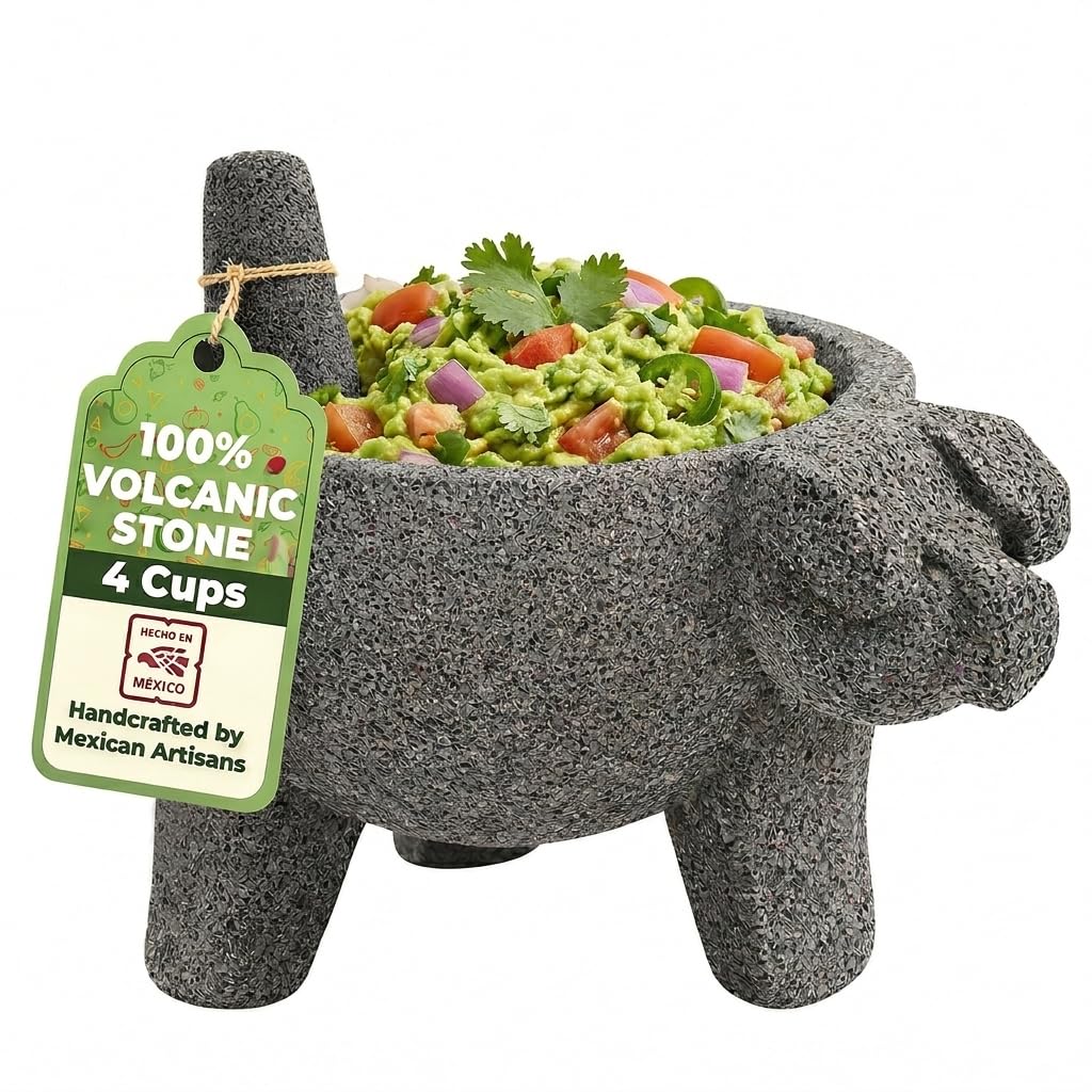 Mortero Molcajete de 9 pulgadas con diseño de cerdo, hecho a mano mexicano con lava de calidad ideal como tazón de hierbas, molinillo de especias, piedra volcánica