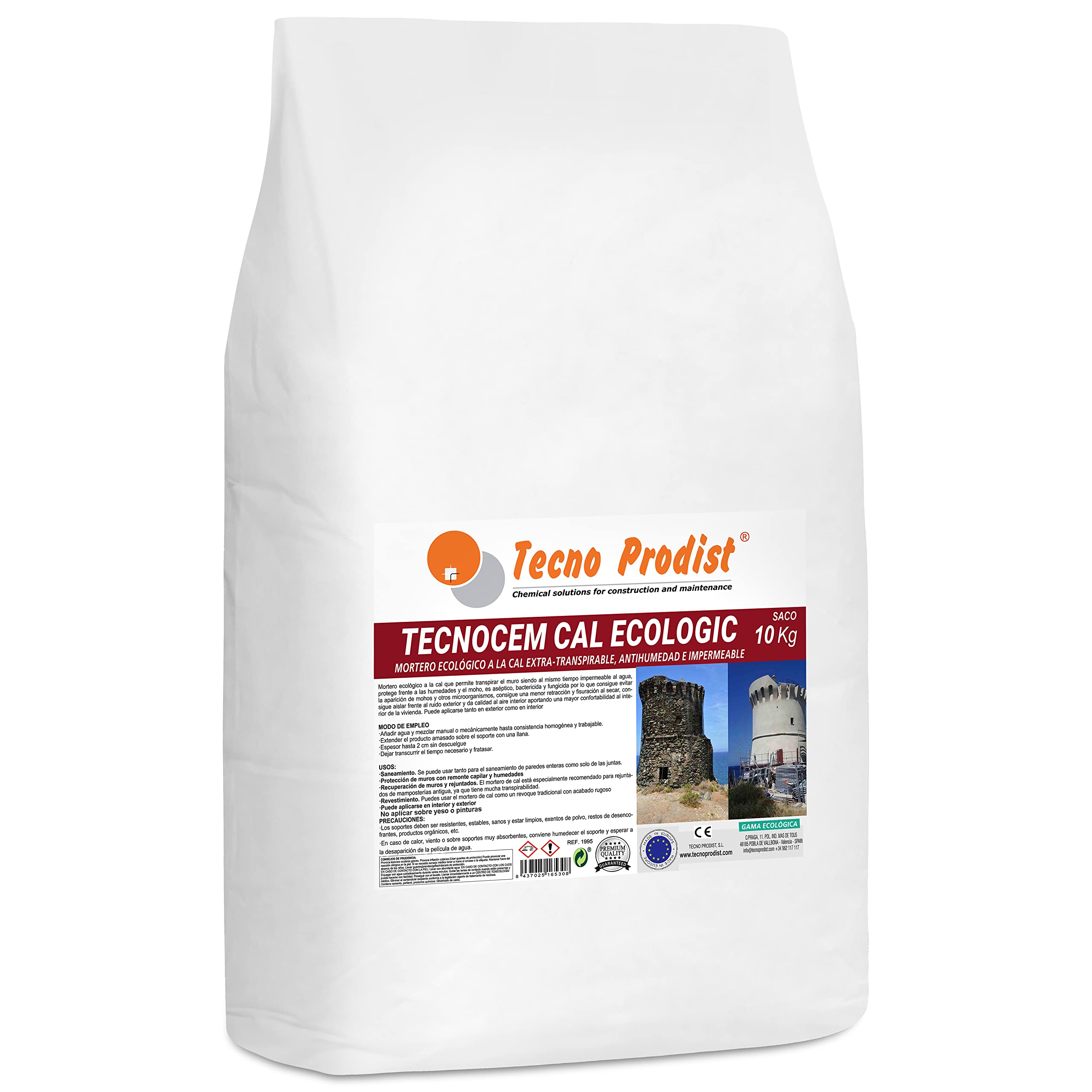 TECNOCEM CAL ECOLOGIC de Tecno Prodist (SACO 10 Kg) Mortero a la cal ecológico, Extratranspirable, antihumedad, impermeable, para enlucidos y revocos, fácil aplicación, color Blanco