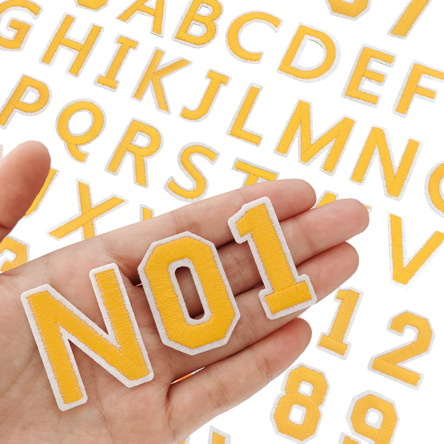 Harsgs 72 Toppe Termoadesive Con Lettere E Numeri, Ricamate, Lettere Dalla A Alla Z, Numeri 0-9, Da Applicare Con Ferro Da Stiro, Per Vestiti, Cappelli, Jeans, Accessori Fai Da Te, Colore: Giallo-image