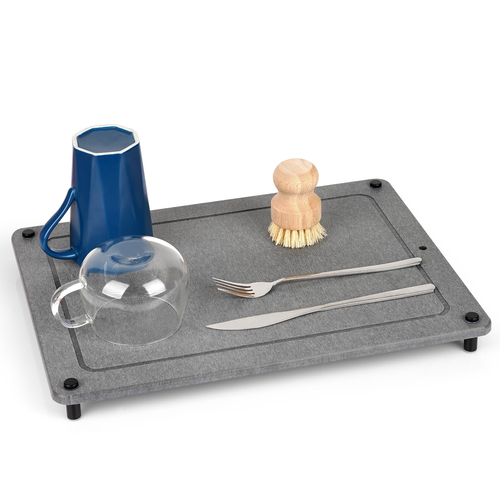 Ozzptuu Stone Drying Mat for Kitchen Counter Instant Dry Stone Dish Drying Mat Quick Drying Stone Mat Diatomaceous Earth Sink Caddy Organizer with Stainless Steel Feet (L Grey)