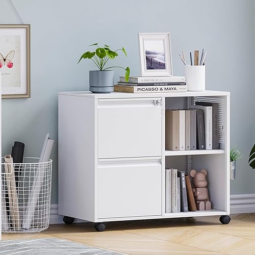 Miniatura 2 de MIIIKO Archivador de 2 cajones sobre ruedas, archivadores de metal con estantes de almacenamiento, archivador móvil de oficina en casa con