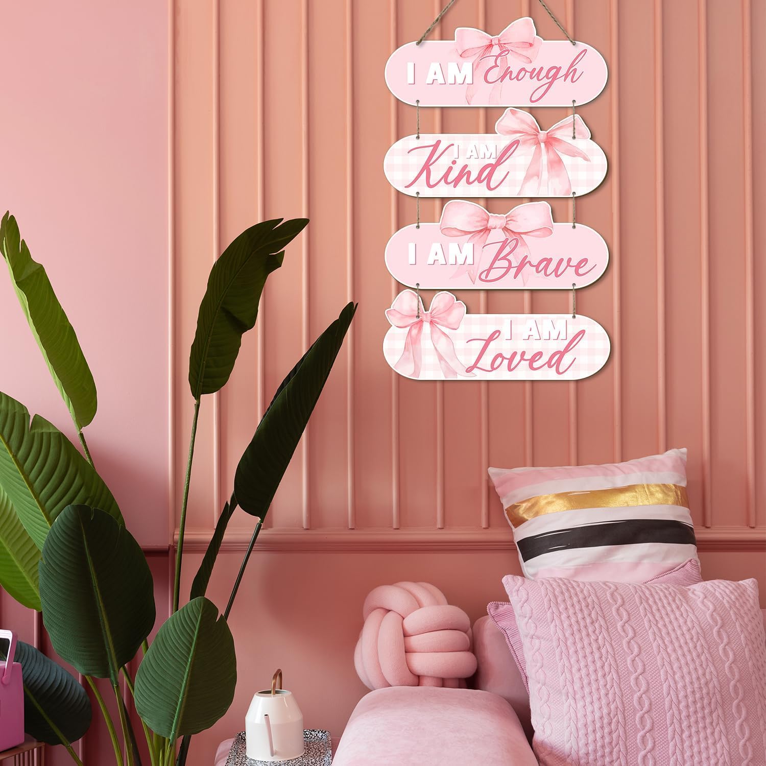 Mandala Soul Pink Bow Wall Decor for Girls, Wooden Hanging Wall Inspirational Art, Preppy Women Bedroom, Decorations for Bedroom teen girl, I Am Enough I Am Kind I Am Brave I Am Loved (Pink)-4 Pc 3