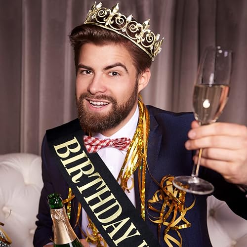 Miniatura 2 de Decoraciones de feliz cumpleaños: corona y banda de rey para hombre, negro y dorado, Metal