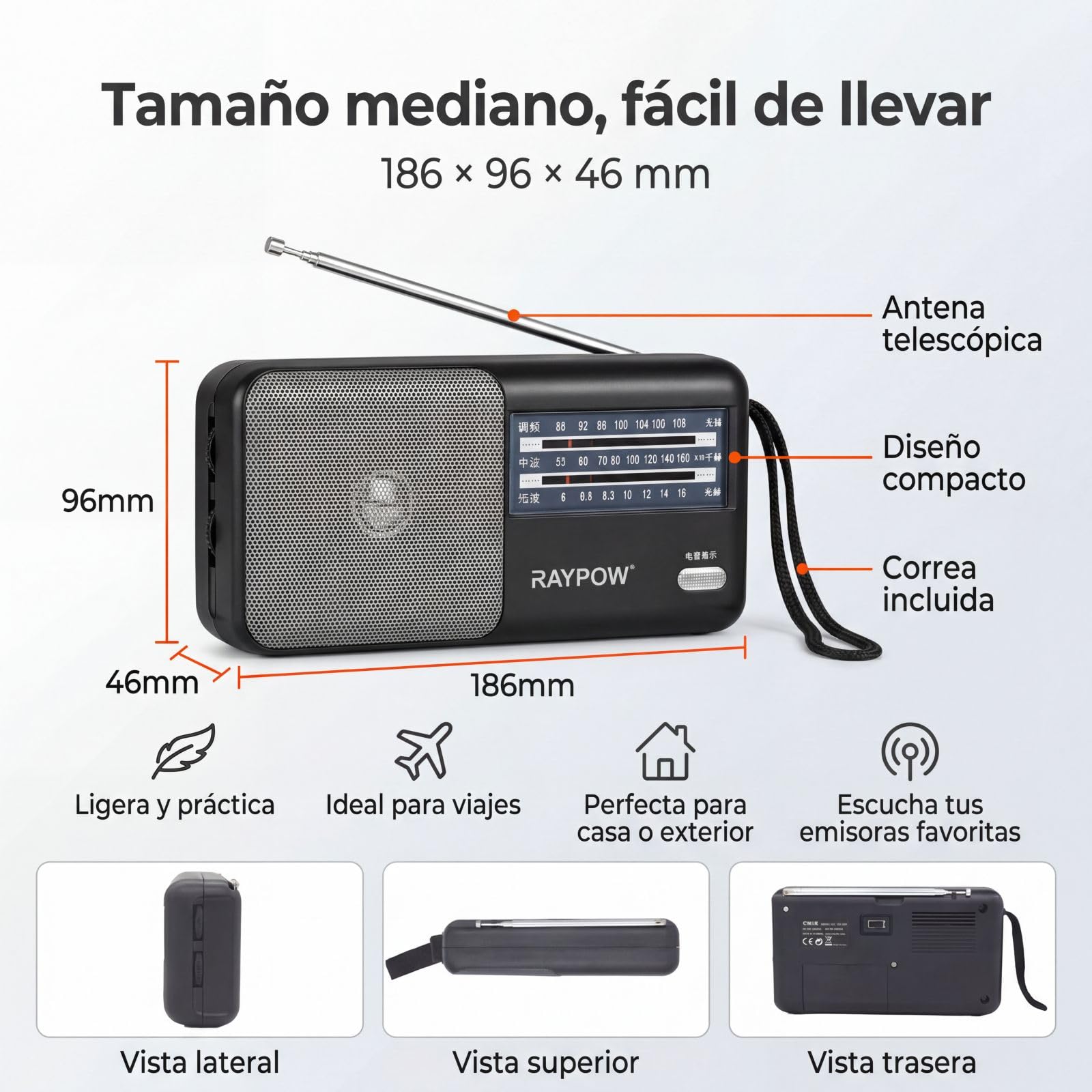 Radio portatile FM AM SW8~SW18 3 bande transistor, altoparlante potente, funziona con 2 batterie AA