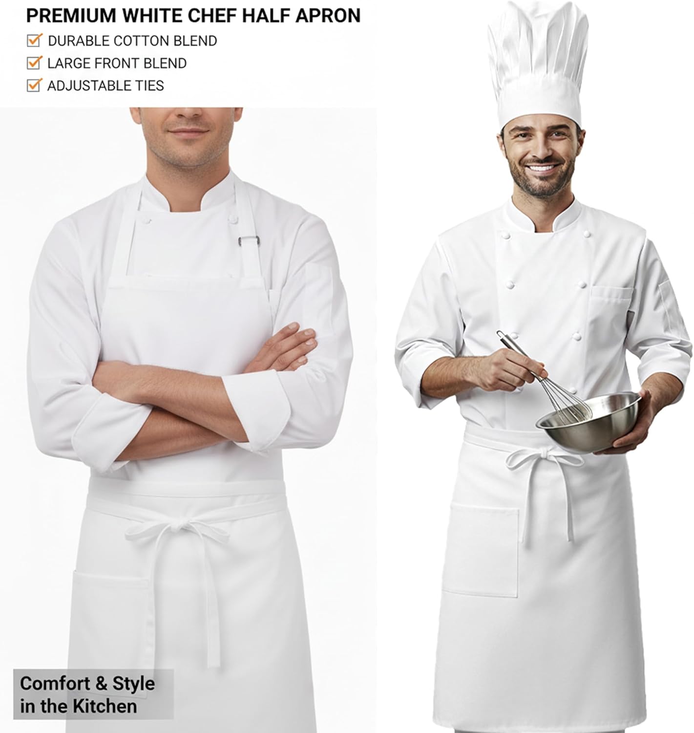 Cotton Blend Kitchen Uniform Restaurant Cooking Wear White Apron and Hat - Image 3