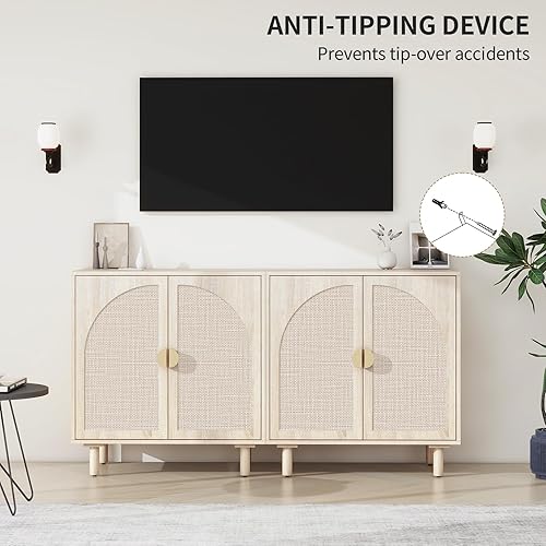 Miniatura 7 de Aparador de ratán de 2 puertas - Armario de buffet con almacenamiento, armario de almacenamiento de acento, creenza de madera bohemia para sala de