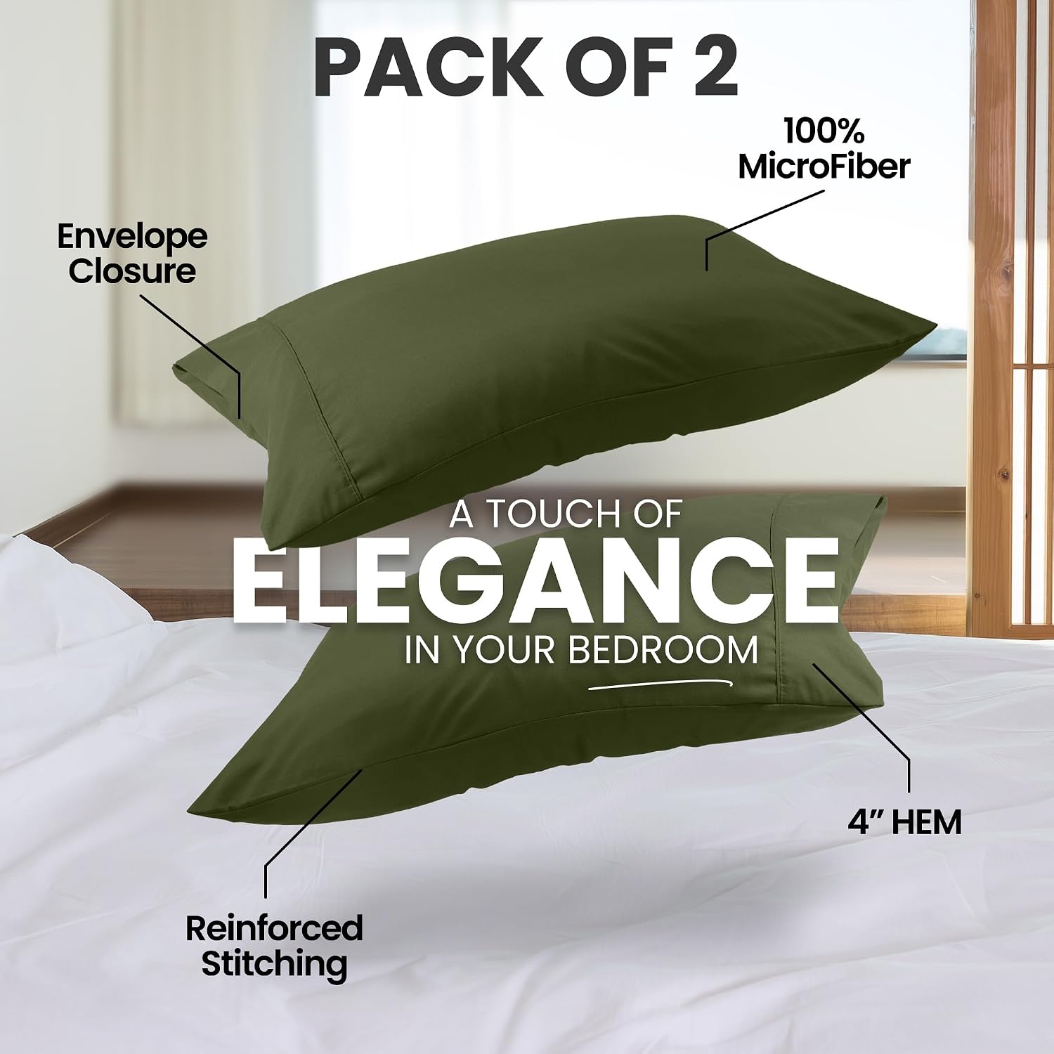 Utopia Bedding Pillow Cases Standard Size 2-Pack – Soft Brushed Microfiber – Envelope Closure – Perfect for Hospitals, Hotels, Guest Rooms – Oeko-TEX Certified, 20x26 Inches (Olive) thumbnail