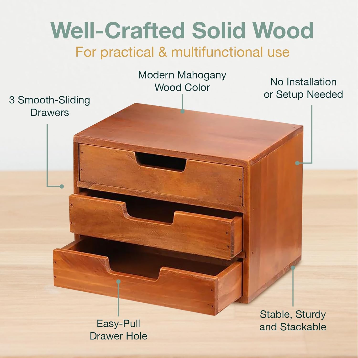 Triple Drawer Desktop Storage Organizer in Modern Wood Design (9.8”x6.9”x 7.5”) 3-Drawer Stackable Drawer Unit - Vanity Accessories Organizer (1-Pack)