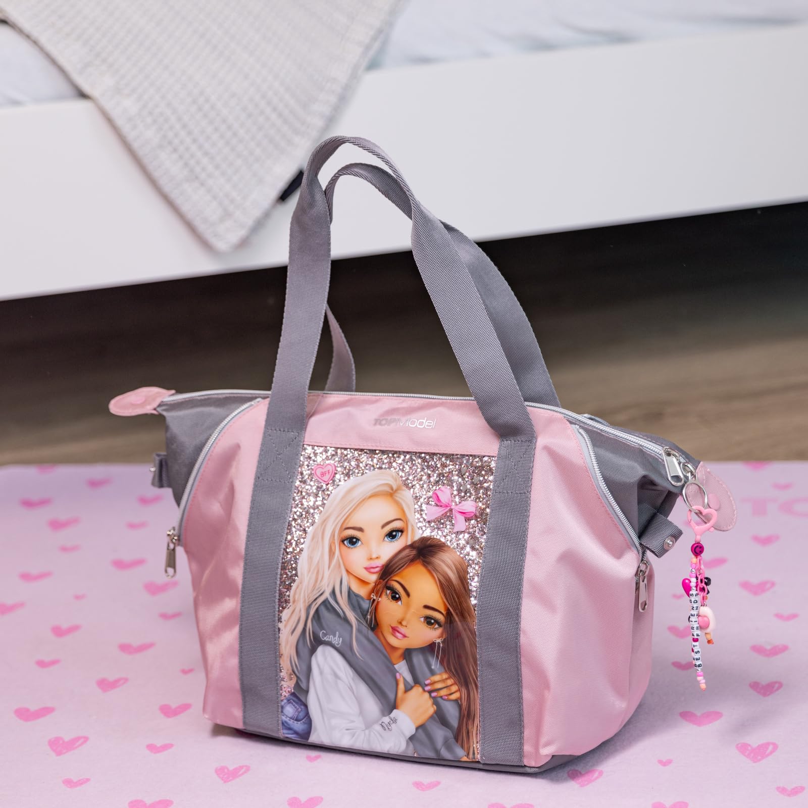 Depesche 13321 TOPModel My BFF - Sac de Sport Rose et Gris, avec Motif de Mannequin et Paillettes, Sac avec Forme Ajustable pour Plus de Place