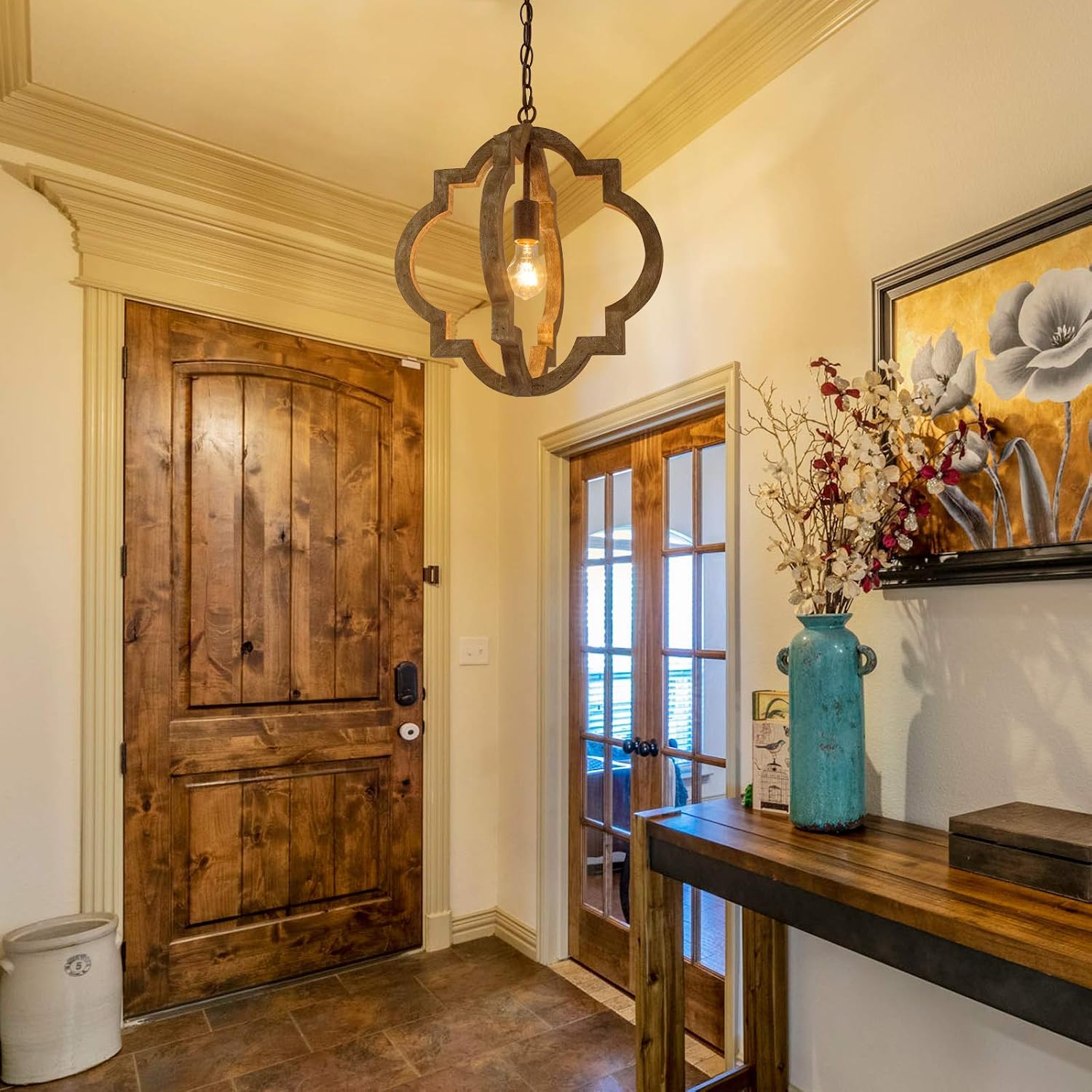 KSANA Farmhouse Chandelier for Dining Room, Wood Pendant Lighting for Kitchen Island, Foyer, Rustic Finish, D16