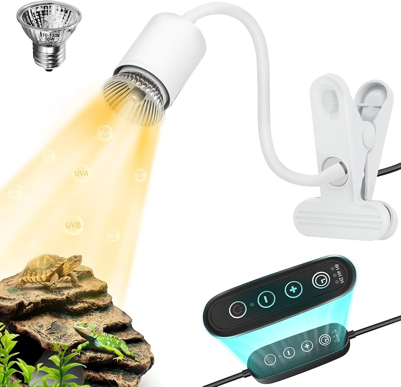 Lâmpada de Aquecimento para Terrário GOZILLA com UVA/UVB, Regulagem de Intensidade, Temporizador e Pescoço Flexível 50W Branca