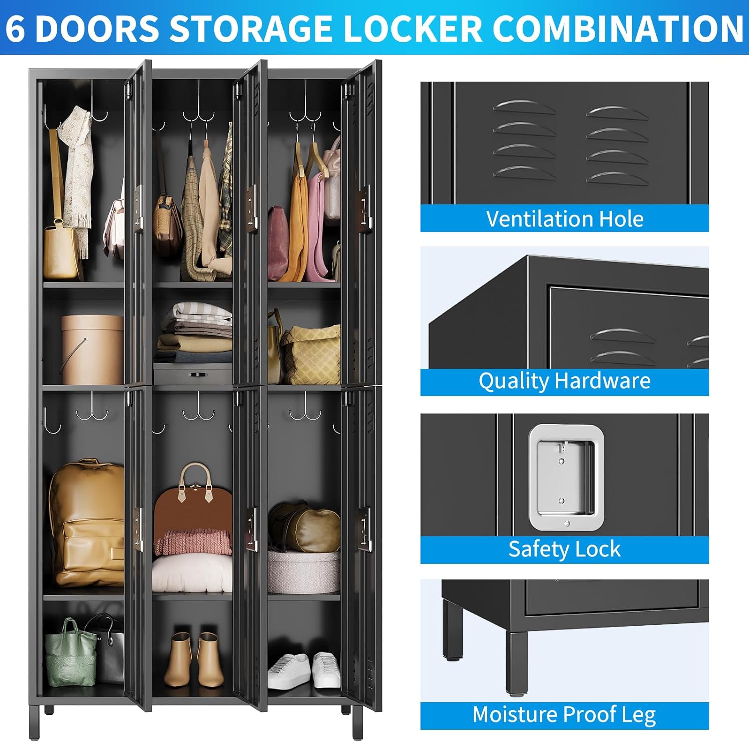 72" Tall Metal Lockers for Employees with 12 Hooks and 9 Shelves, 6 Doors Office Storage Cabinet for Home, School, Gym, Office, Black