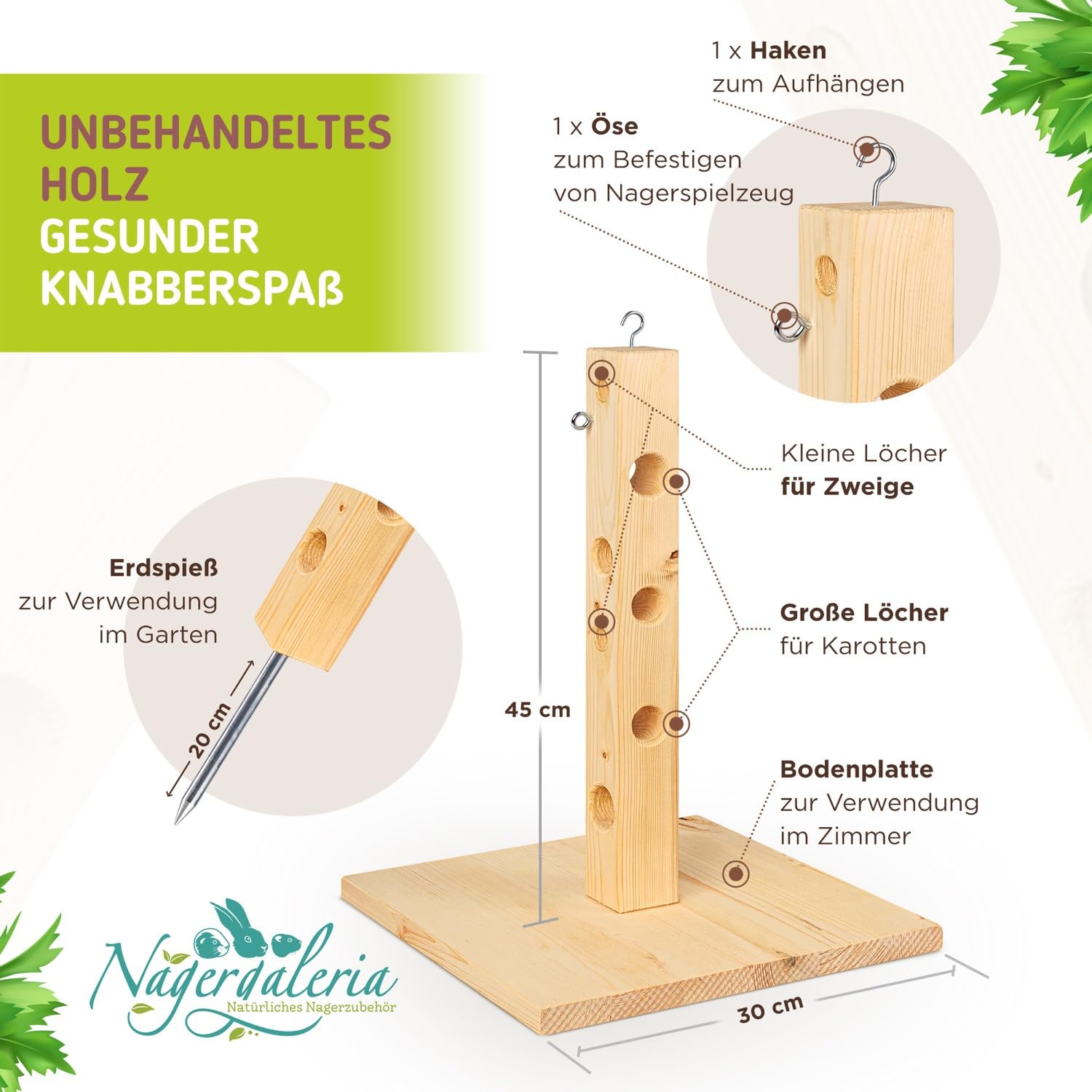 Futterbaum Kaninchen Meerschweinchen mit Bodenplatte aus Holz und Erdspieß fürs Freigehege Hasen | Heuraufe Kaninchen