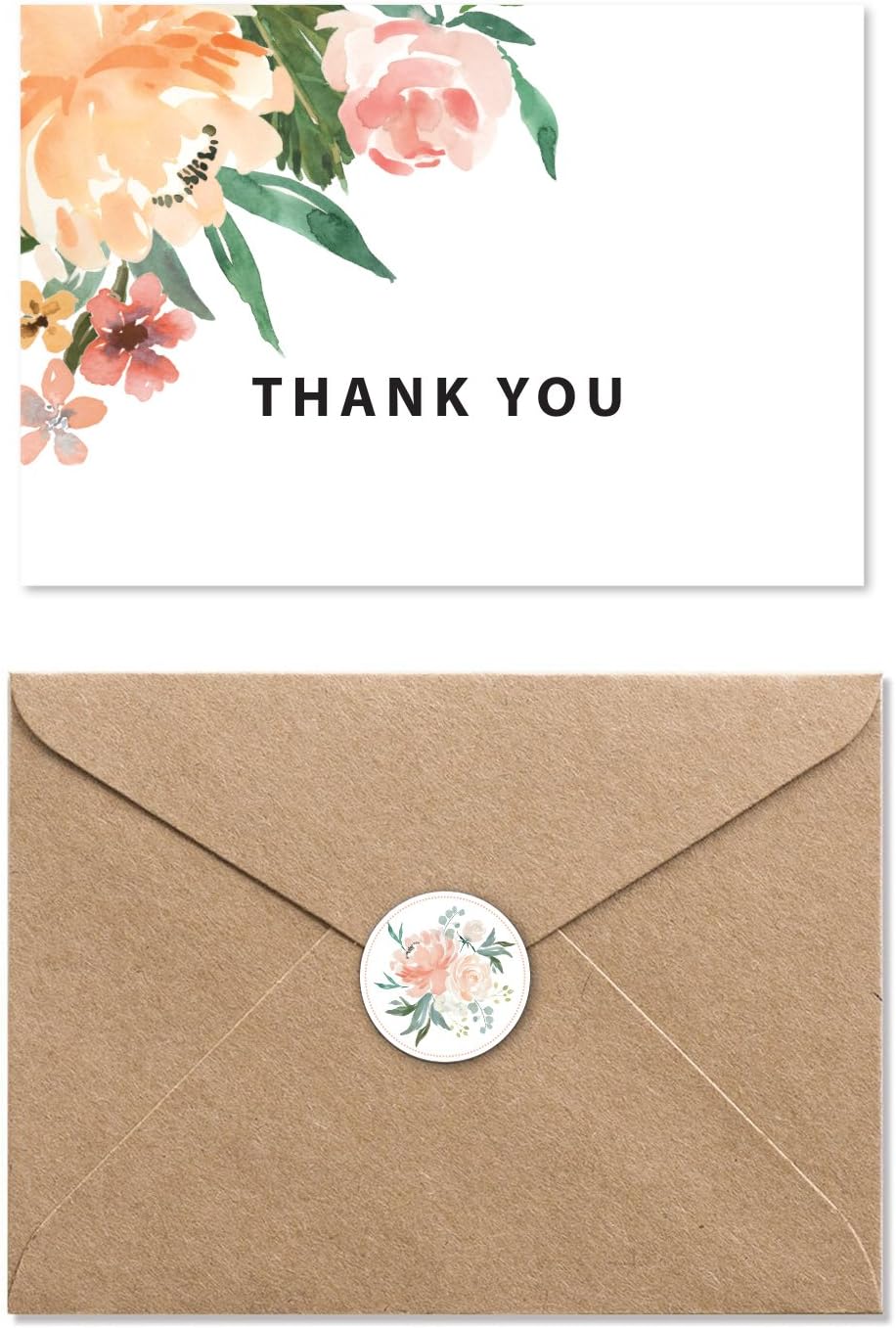 Nora's Nursery Modern Floral Blank Thank you Cards Bulk with Kraft Paper Envelopes and Stickers, Boxed Set of 40 4.5 x 6 Thank You Notes for Appreciation, Wedding and Bridal & Baby Shower,