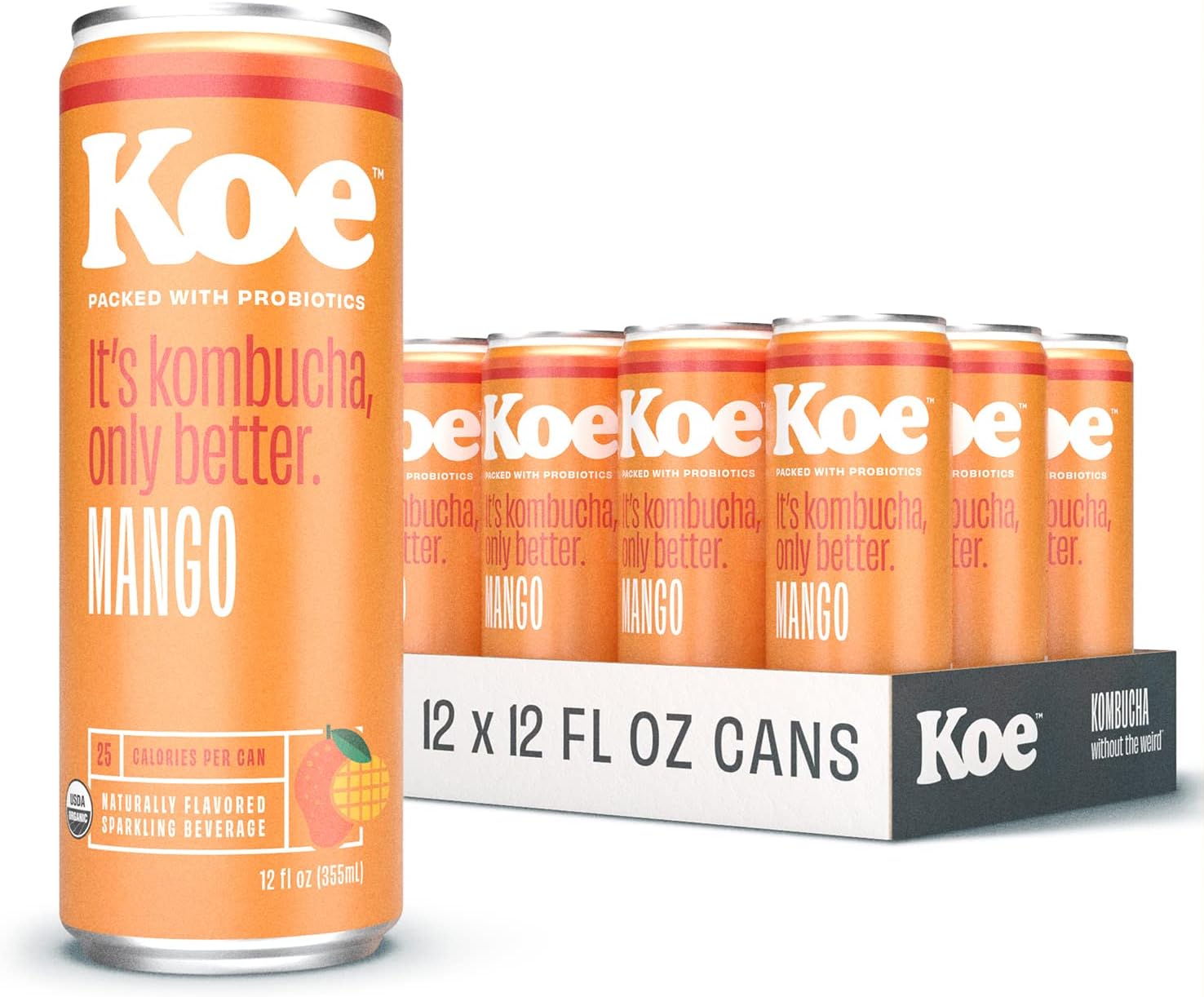 Koe Kombucha Cans, Mango | Organic Sparkling Fruit Drinks With Live Probiotics and Vitamin C | 12 oz Pack of 12
