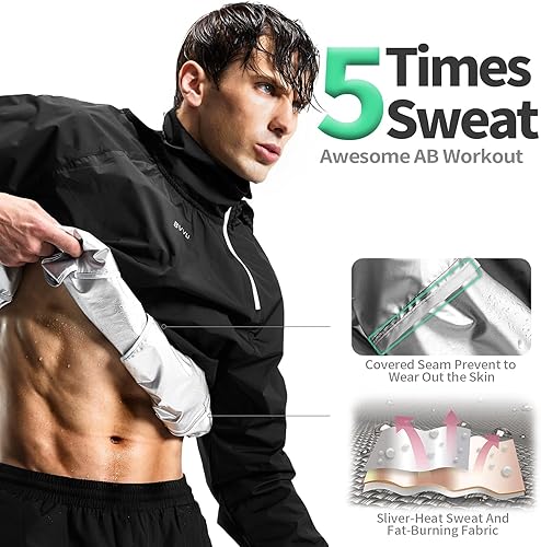 Vista 3 de BVVU Traje de sauna para hombre, con cremallera, chaqueta de sauna, pantalón, gimnasio, entrenamiento, sudadera con capucha, moldeador de cuerpo