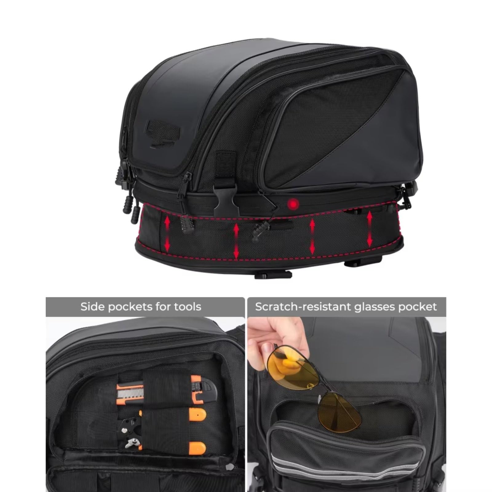 Bolsa sillín Motocicleta Bolsas Traseras para Asiento De Motocicleta Portaequipajes para Casco Trasera Expandible Almacenamiento Herramientas Accesorios Universales
