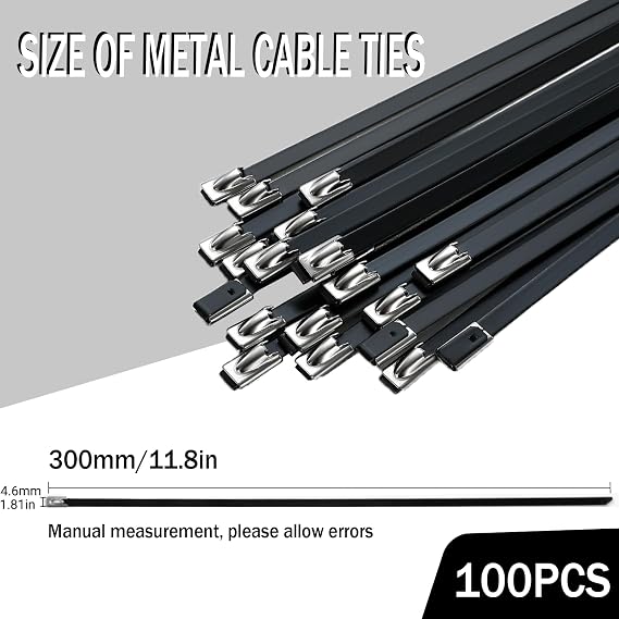 Heavy Duty Metal Cable Ties, 100PCS Black Zip Ties, 4.6 x 300mm