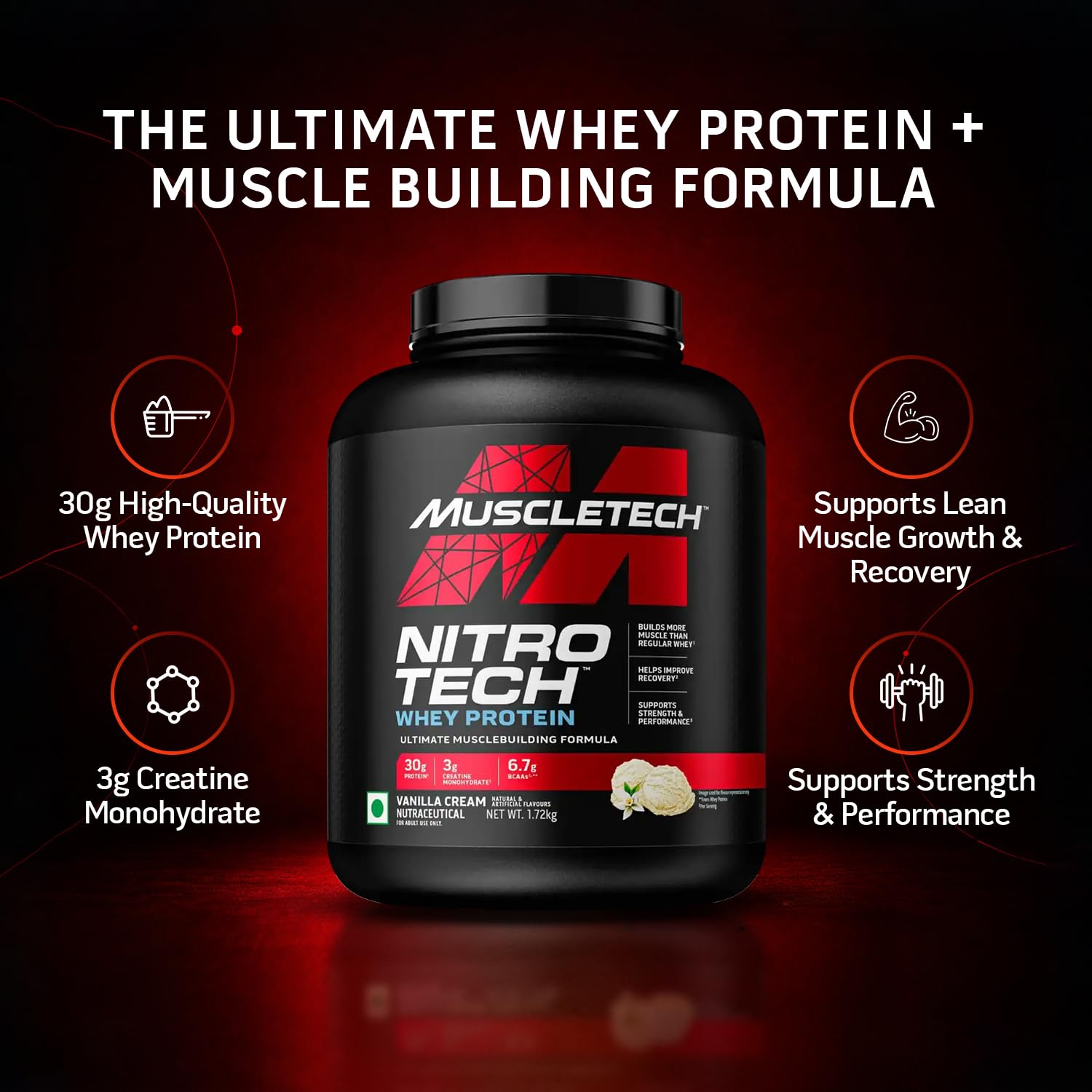 MuscleTech Nitro-Tech Whey Protein, 1.72kg (3.8lbs), Vanilla Cream, 30g Protein, 3g creatine monohydrate, 6.7g BCAA, ultimate muscle building formula, increase strength & performance — Amazon image 2