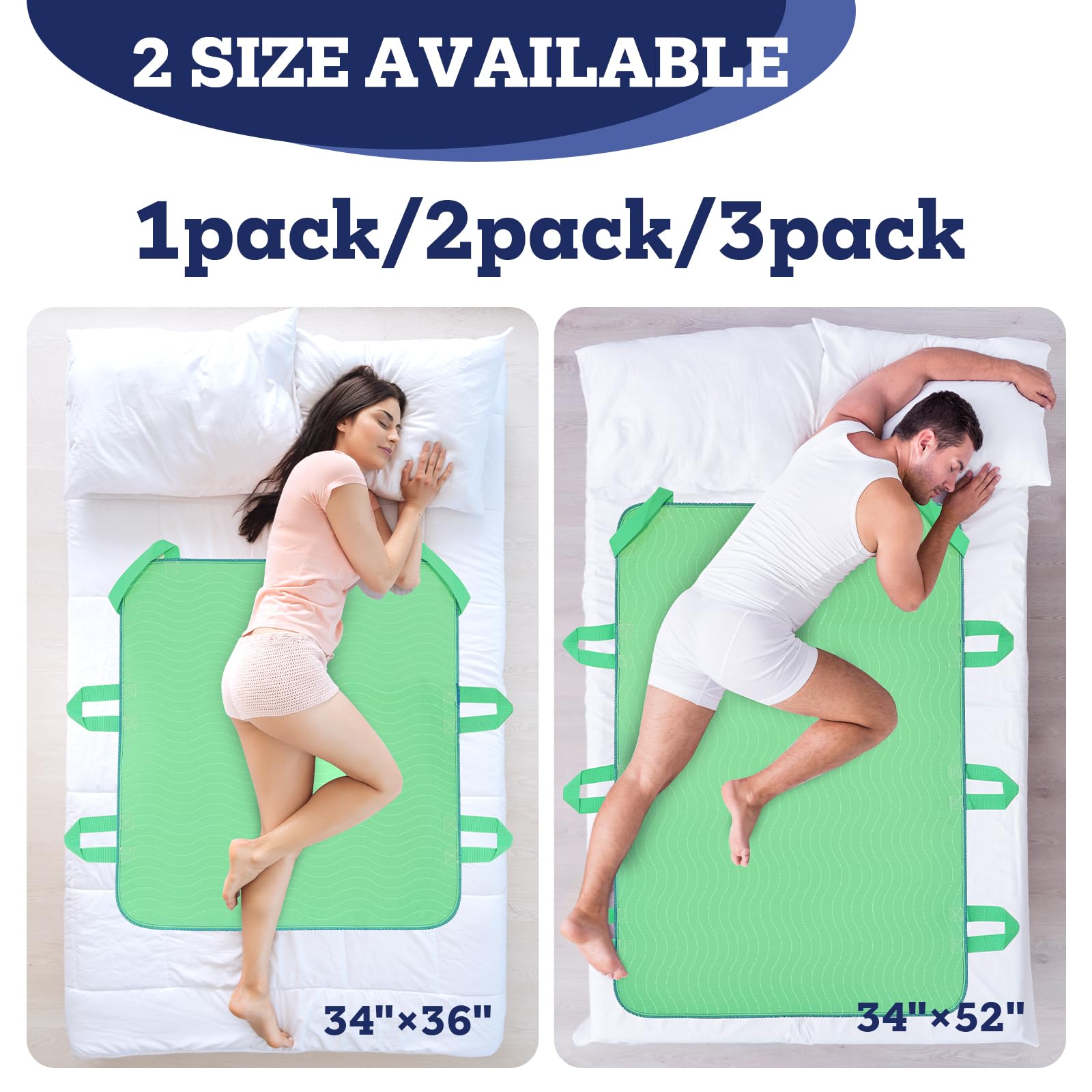 ETERNA Almohadilla de cama de posicionamiento lavable con 6 asas reforzadas, 34 x 36 pulgadas, impermeables, reutilizables, para adultos, niños, ancianos y mascotas (paquete de 3)
