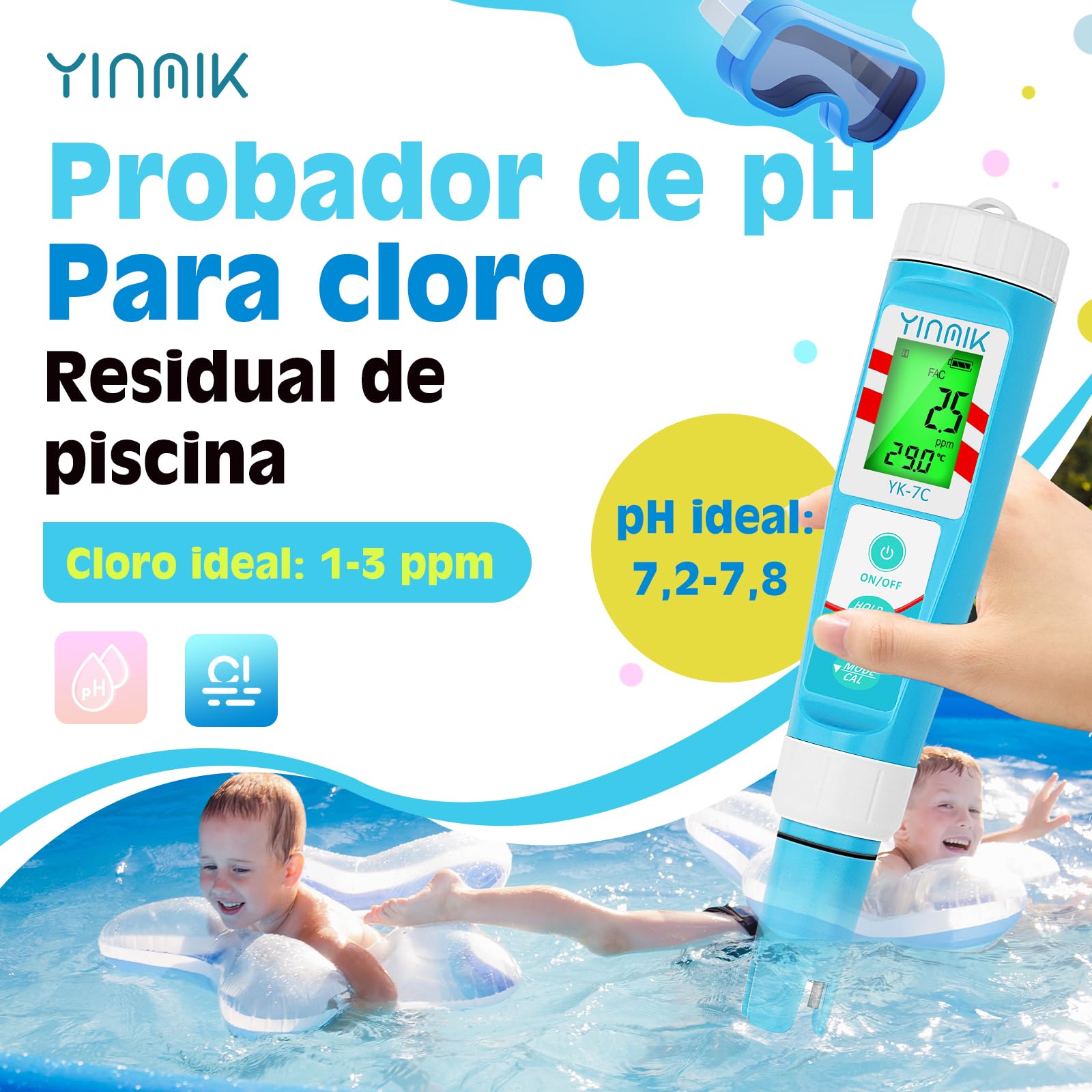 YINMIK Medidor Cloro Piscina Digital, Kit Cloro y pH para Piscina y Acuario