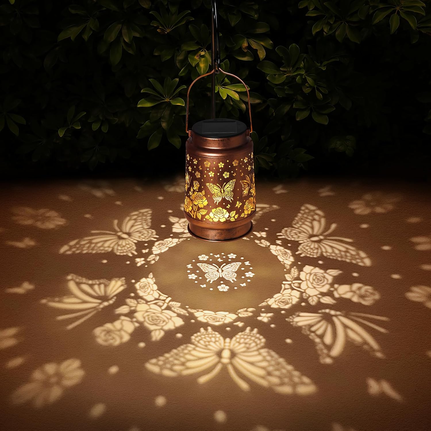 2 Pack Butterfly Solar Lanterns Outdoor Waterproof Rose Garden Decor Gifts for Women Mom Grandma Hanging Solar Lights Metal Lantern Decoration Outside for Yard,Patio,Backyard,Porch