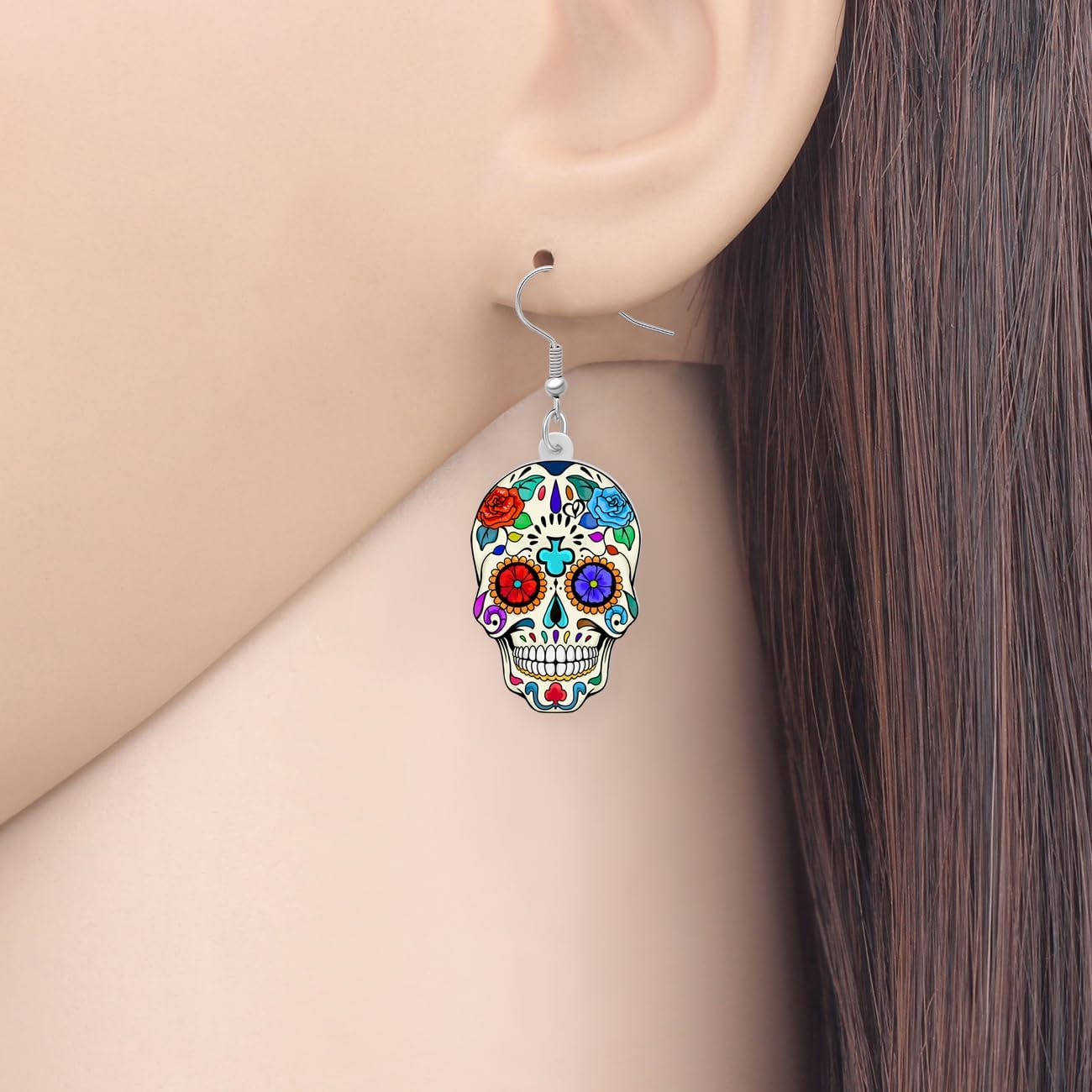 Halloween Acrylic Floral Sugar Skull Earrings Punk Rock Designer Dangle Novelty Jewelry For Women Skull Lovers Charms Party Gifts - Image 2