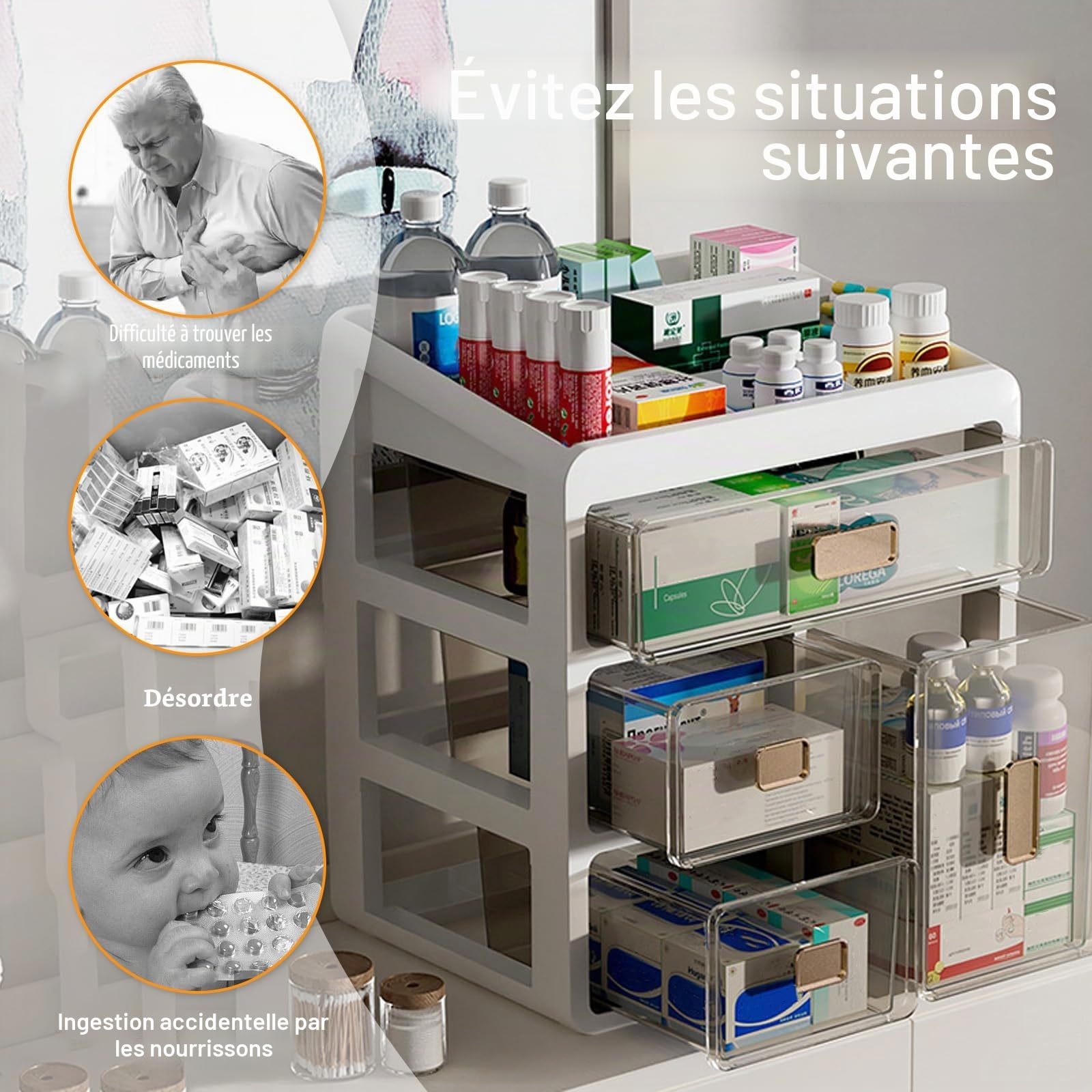 Boîte à Pharmacie 4 Tiroirs Transparents,avec Système de Tri | Rangement Médicaments Portable,Organiseur pour Vitamines, Cosmétiques, Bijoux, Maison Bureau
