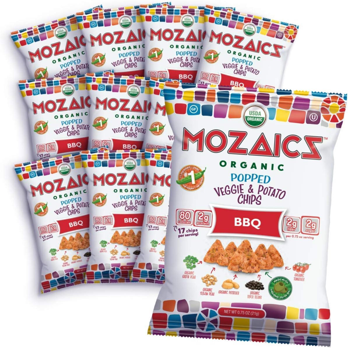 Mozaics BBQ - Popped Veggie Chips (12-pack) | Healthy Pea Protein Crisps |Gluten free (0.75 oz single serving bags)
