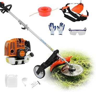 2 in 1 Lawn Mower Gas String Trimmer, 52cc 2-Stroke Weed Wacker Gas Powered, Air-Cooling Grass Trimmer/String Trimmer, Brush Cutter for Lawn Care Red 2-in-1
