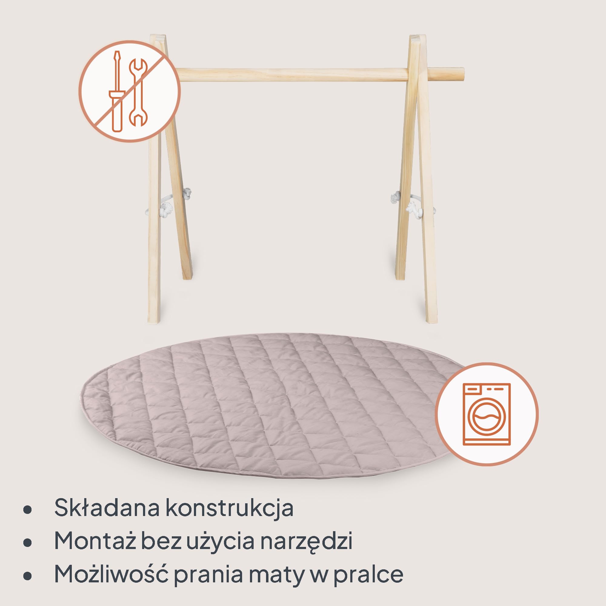 Lionelo Anis Set Mata Edukacyjna z Drewnianym Pałąkiem Miękka Bawełna dla Delikatnej Skóry, Antypoślizgowa 2 cm do Brzuszka i Raczkowania, 4 Zabawki Sensoryczne, Składana, na Prezent, 0+, 101 cm