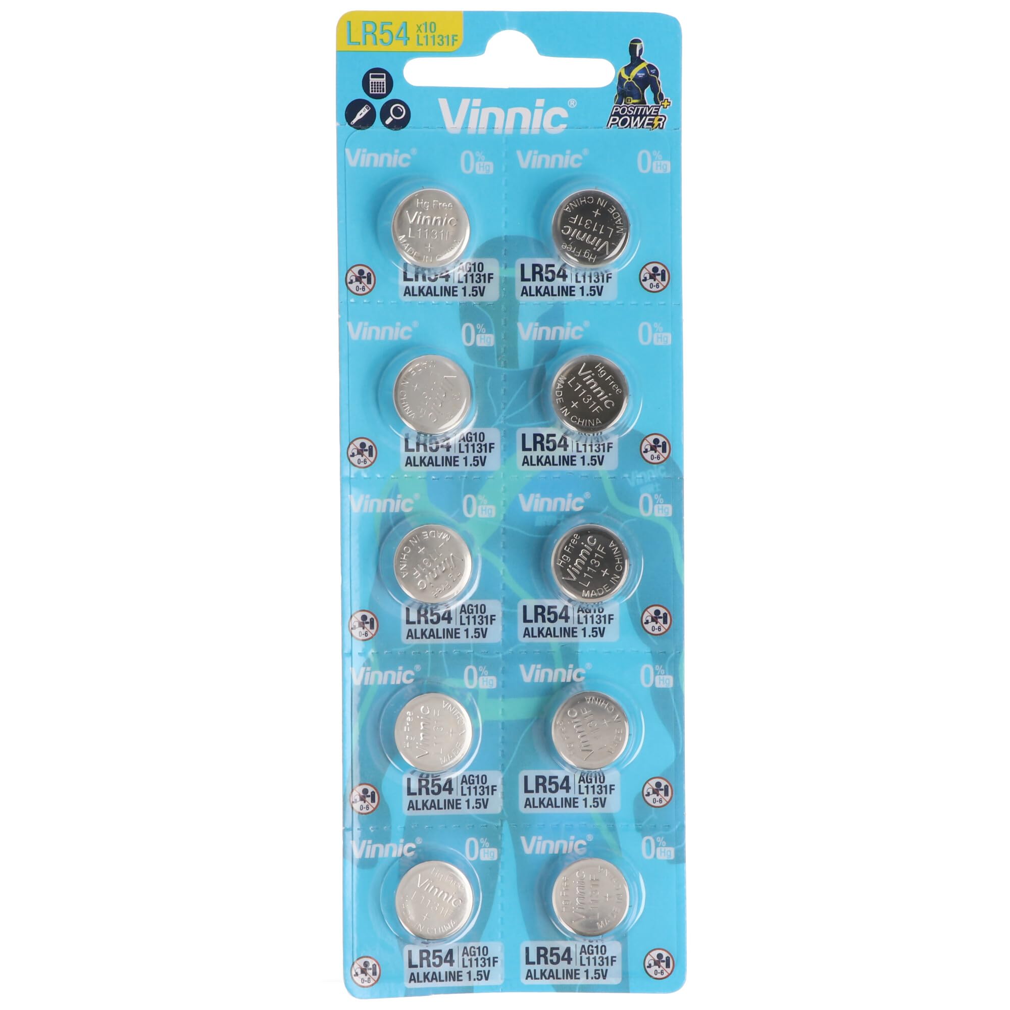 Vinnic AG10 LR54 (L1131F) Alkaline 1.5V Batteries - 10 Pieces