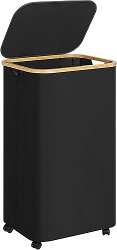 Miniatura 7 de Merkisa Cesta de lavandería delgada, canasta alta para la ropa sucia con tapa, cesta de tela sucia de 60 litros para lavandería, con mango de bambú