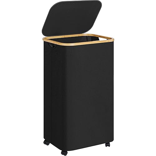 Laundry Basket with Wheels,100L Hampers for Laundry,Black Large Laundry Hamper with Lid and Bamboo Handles,Collapsible & Waterproof Tall Cloth Hamper for Dormitory Family