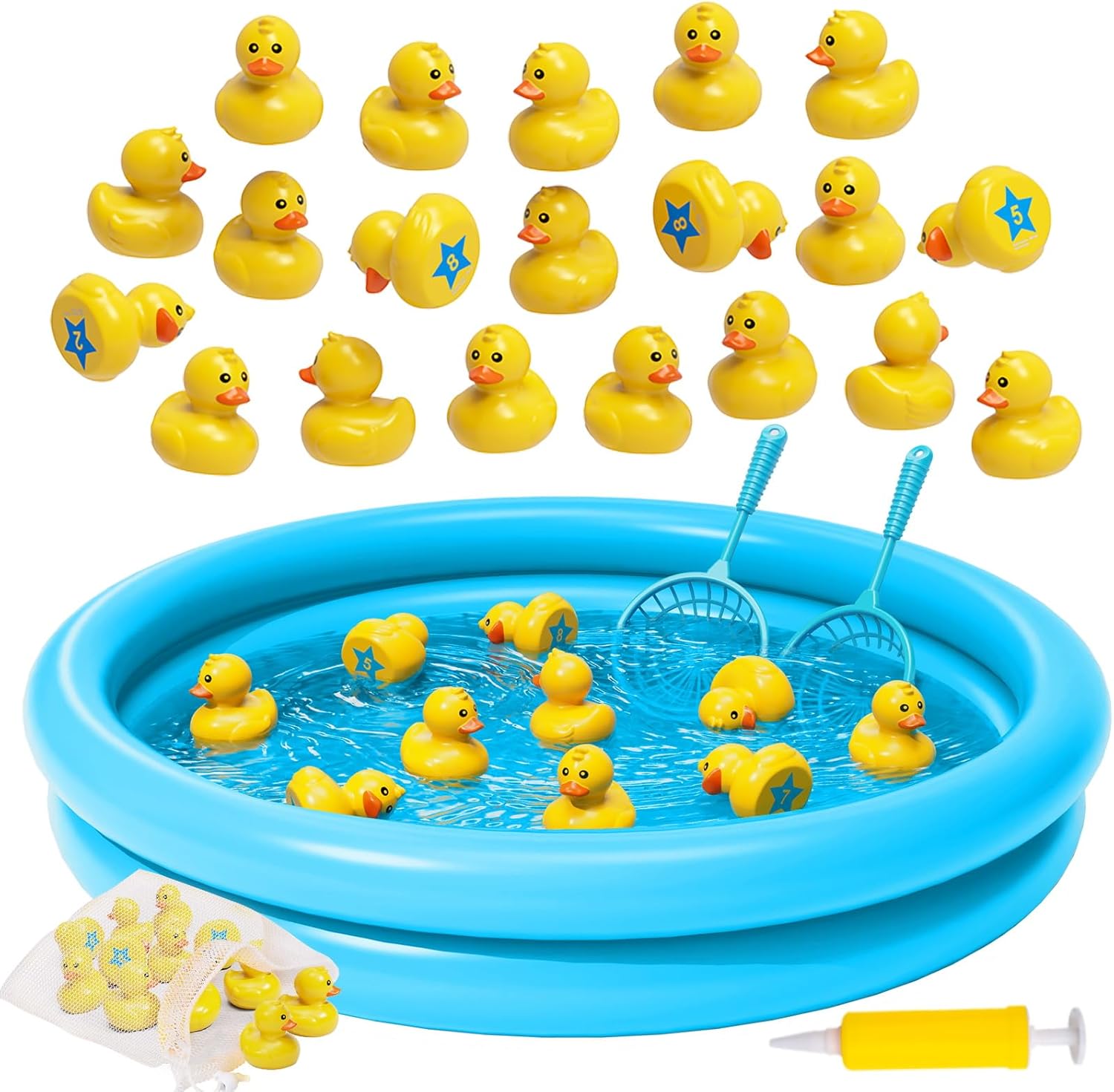 Duck Pond Matching Game Toys for Kids - 20 Plastic Ducks with Numbers,25" x 5" Kiddie Pool | Storage Bag, 2 Nets-Fun Memory Games - Water Outdoor Game for Children,Preschooler, Birthday Party Carnival
