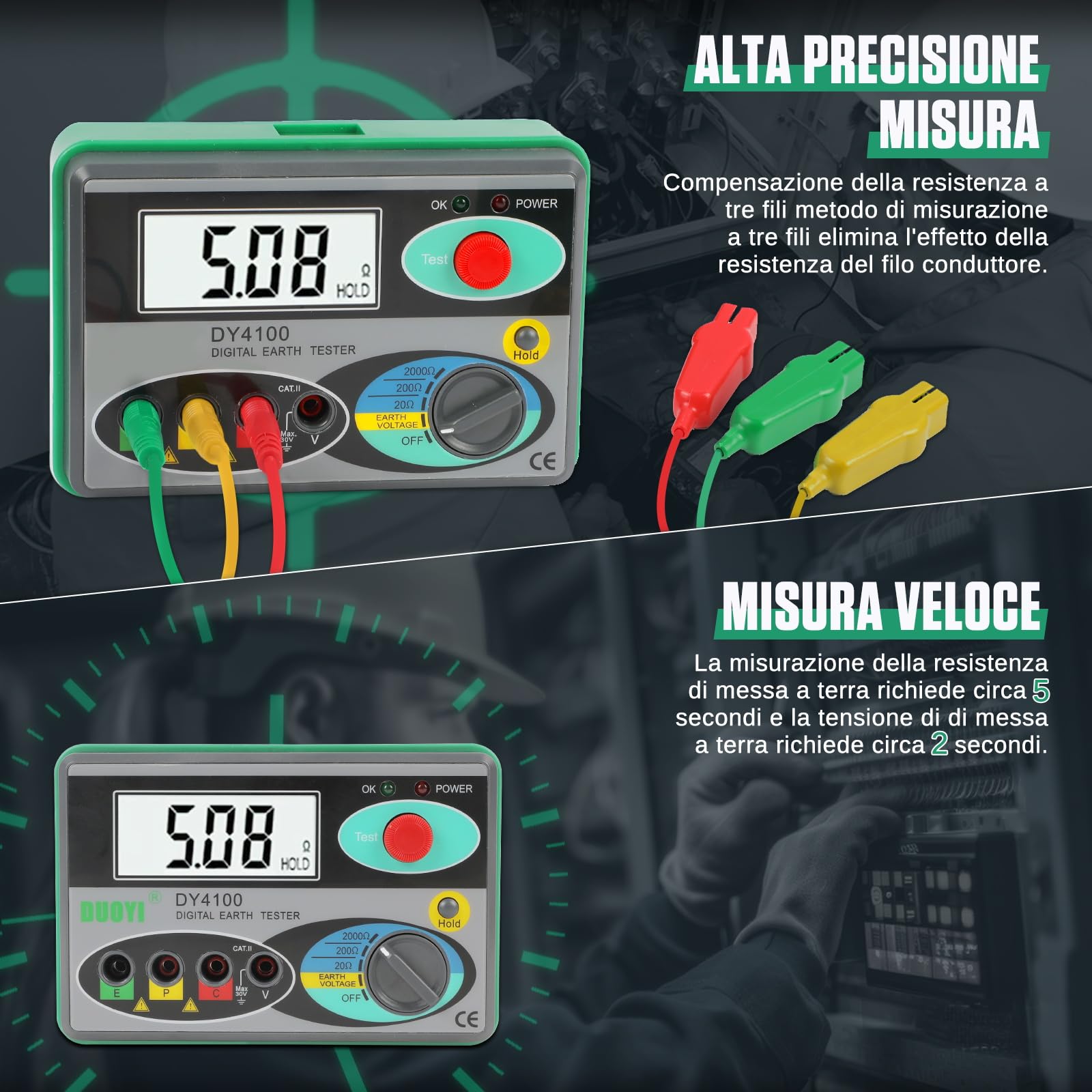 DY4100 Misuratore di Resistenza di Terra 0~2000 Ω Tester Digitale di Resistenza di Messa a Terra