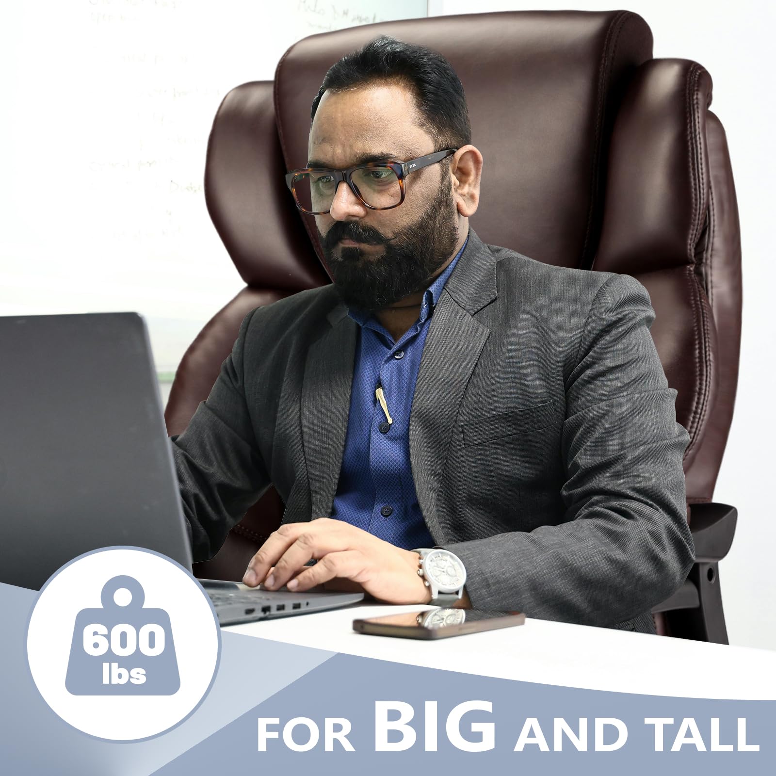 800lbs Big and Tall Office Chair, Executive Chair with Adjustable Headrest, High Back Extra Wide Seat, Heavy Duty PU Leather for Home Office, Comfortable Large Computer Desk Chair