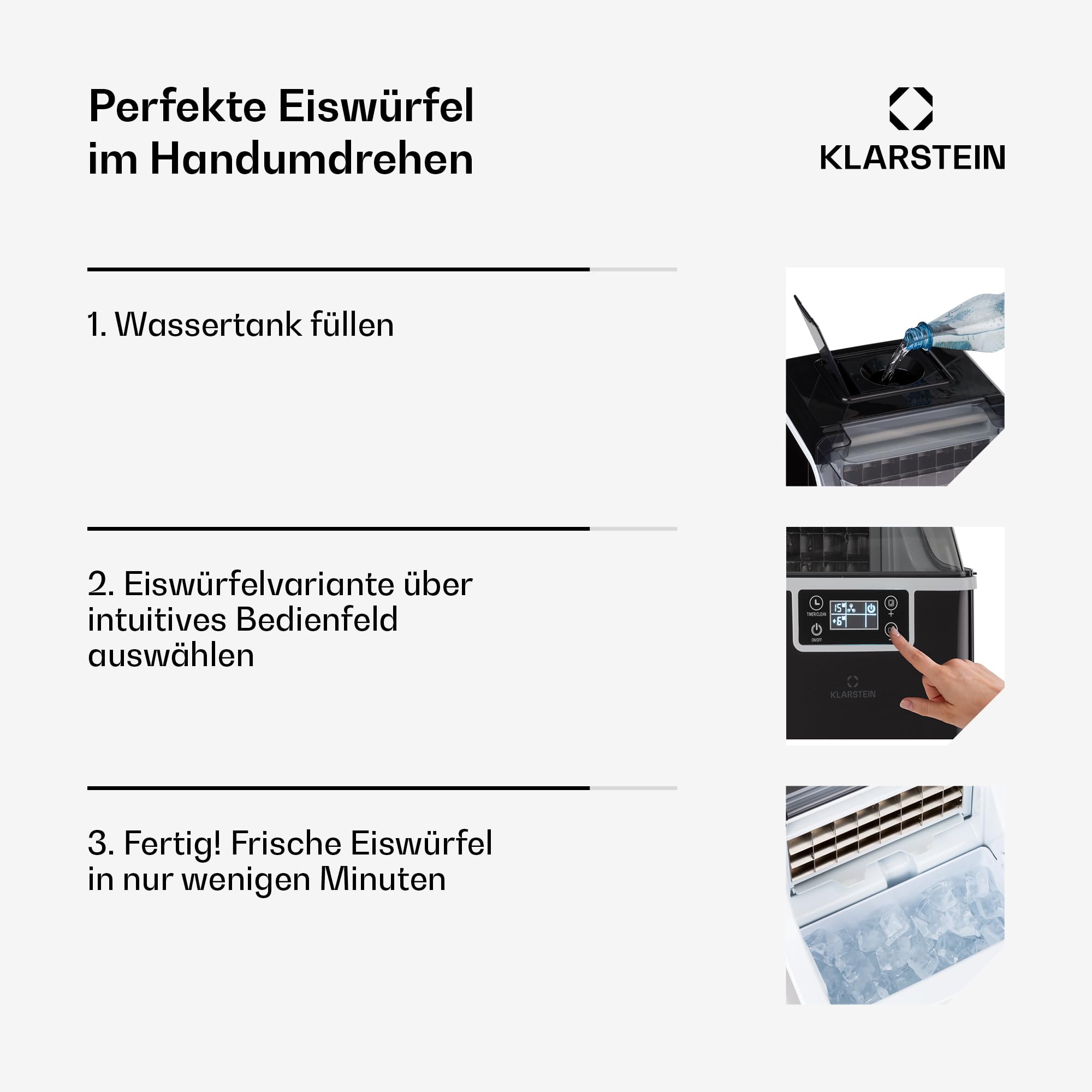 Klarstein Eiswürfelmaschine für Zuhause Camping Gastro, Schnelle Mini , Profi Eismaschine für Große Kleine Klare Eiswürfel, Selbstreinigend mit 3,2L Eiswürfelbehälter, 20kg/24h