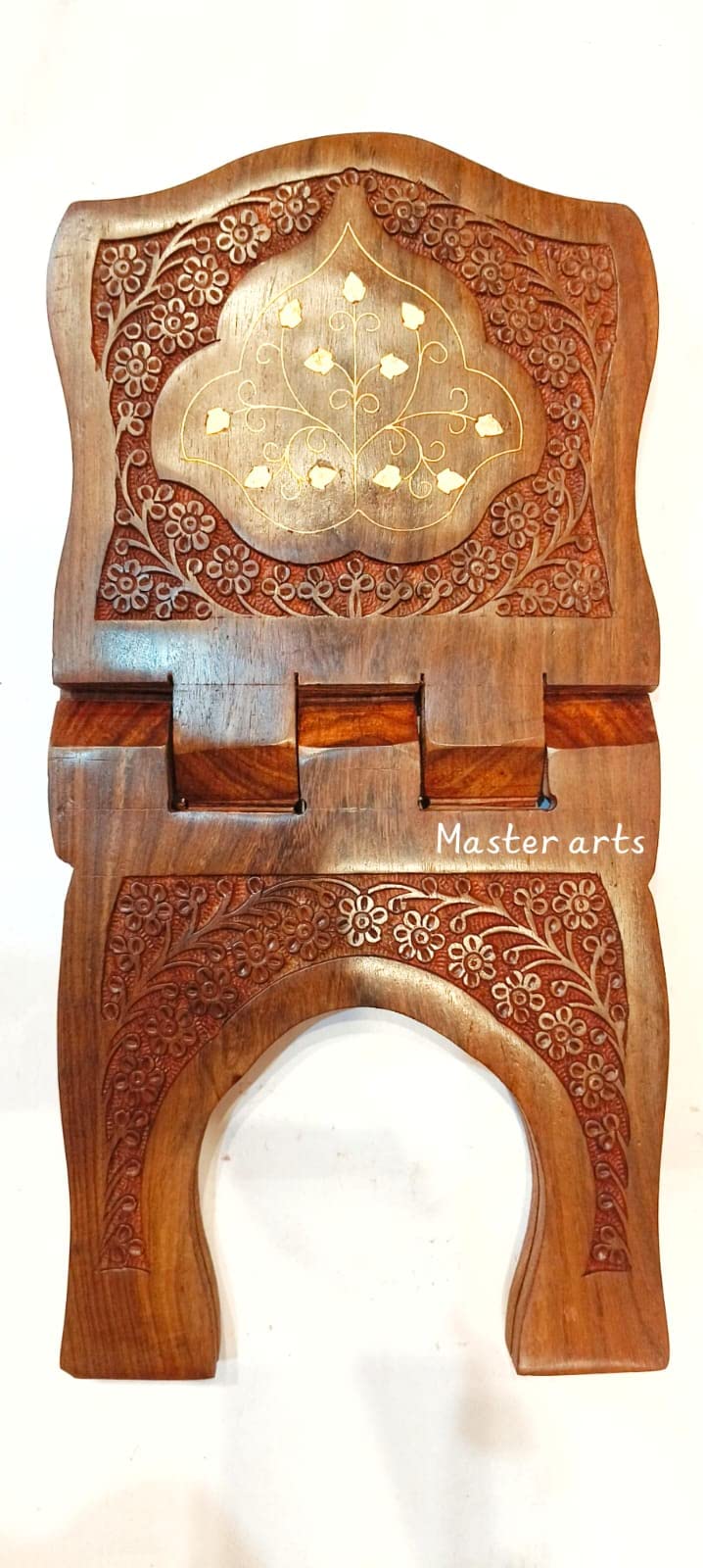 Master Arts Wooden rehal (13 X 7 inches) with BRASS and CARVING WORK holy Book Stand for Reading Books Rahal in Pure shisham Wood with Handmade Kashmiri fine Carving Work-image-48