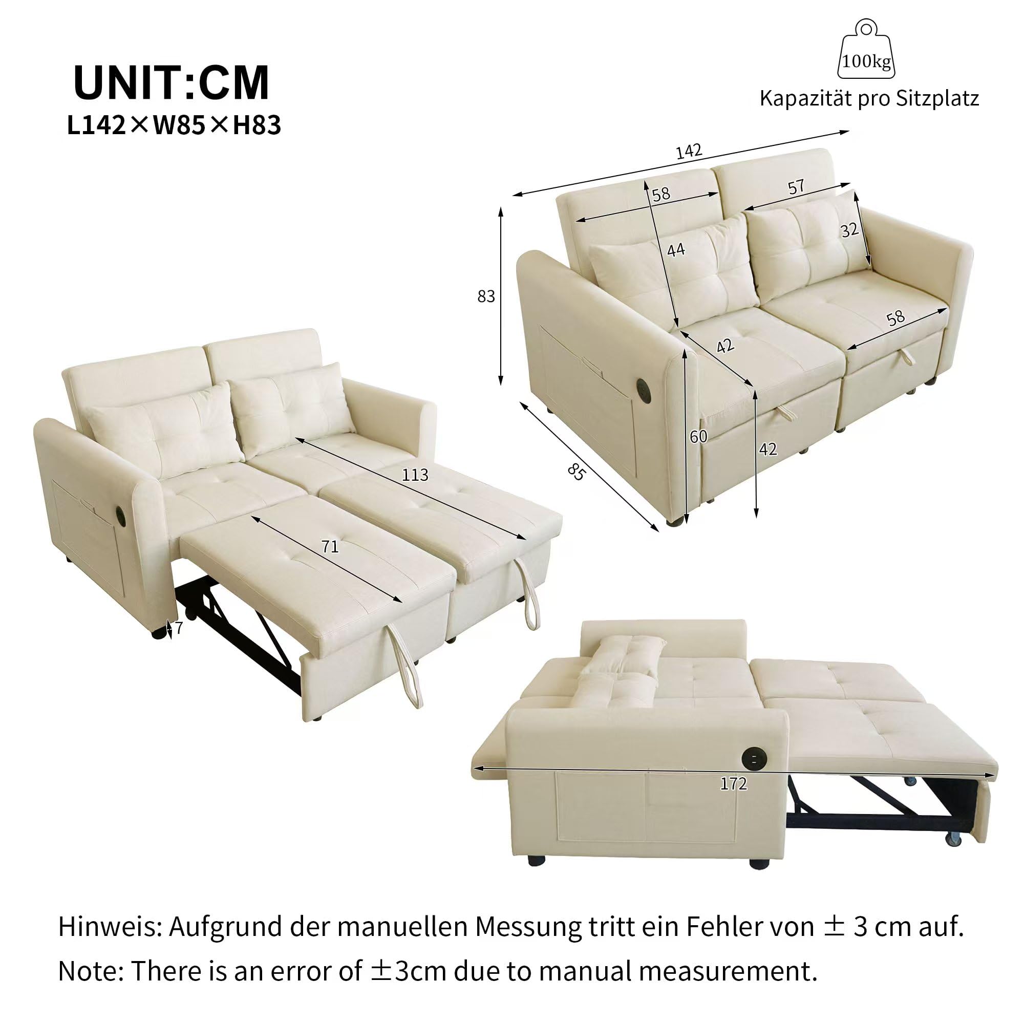 Azkoeesy Sofá Cama Extensible 3 en 1 de 2 plazas, sofá Plegable con Respaldo Ajustable y 2 Almohadas, Puerto USB, Bolsillo Lateral, para salón, Cine en casa, 142 x 83 x 85-172 cm, Tela de Lino, Beige