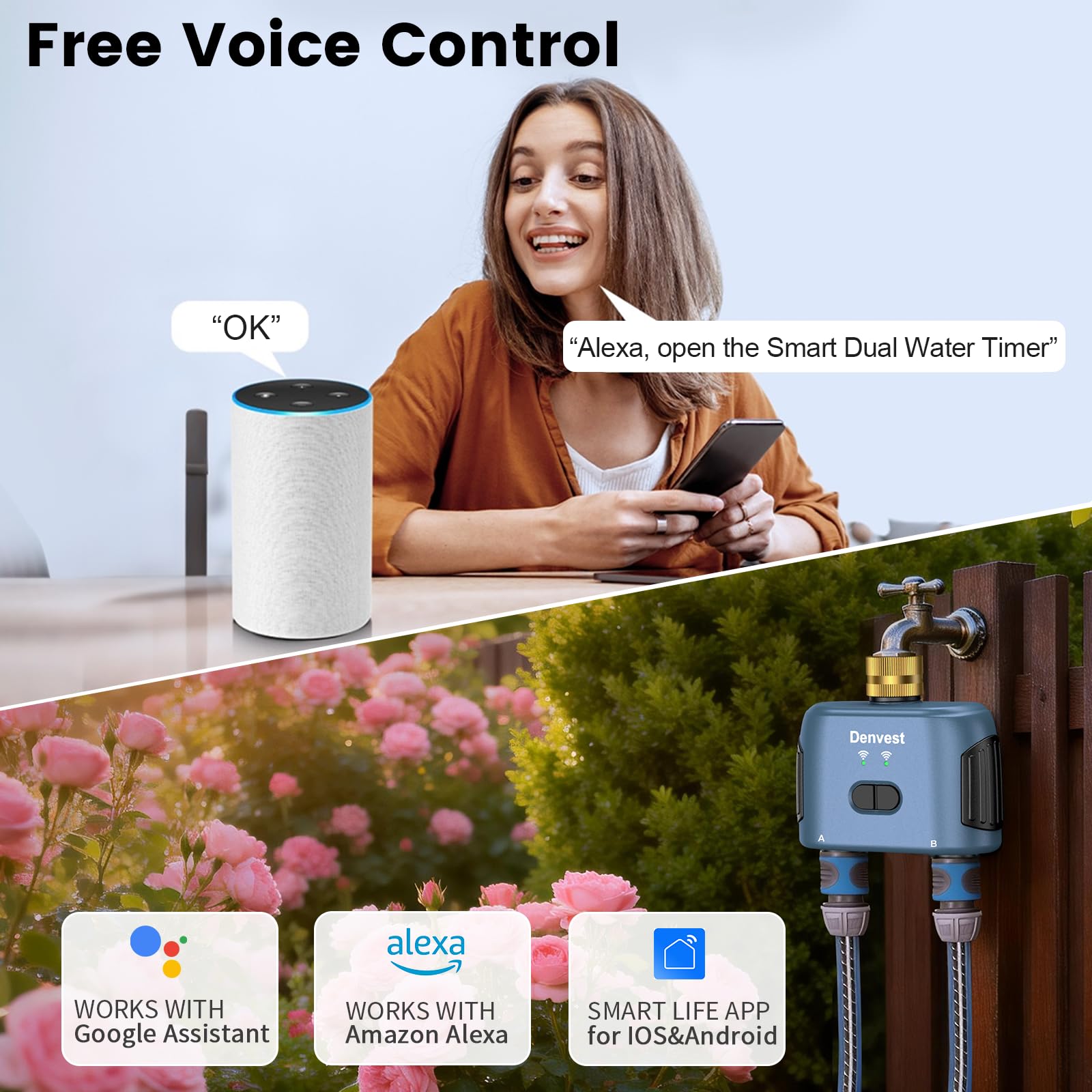Temporizador de agua WiFi para manguera de jardín con entrada de latón, temporizador inteligente de manguera con concentrador WiFi, aplicación y control de voz, hasta 20 planes de riego, controlador