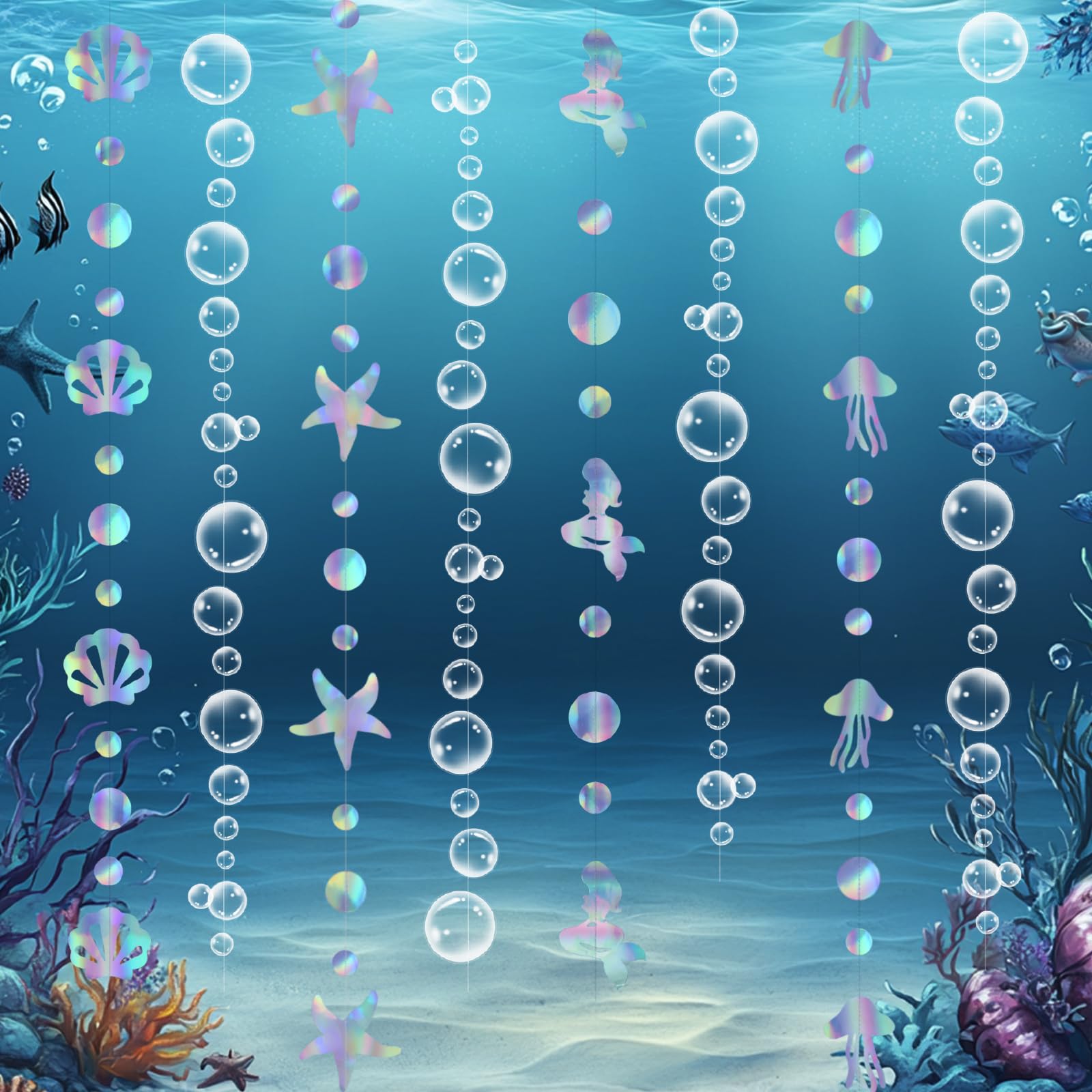 Biubumtu 8 Strings Under The Sea Iridescent Mermaid Garlands & White Bubble Garlands, Birthday Decorations Ocean Theme Baby Shower Party Supplies