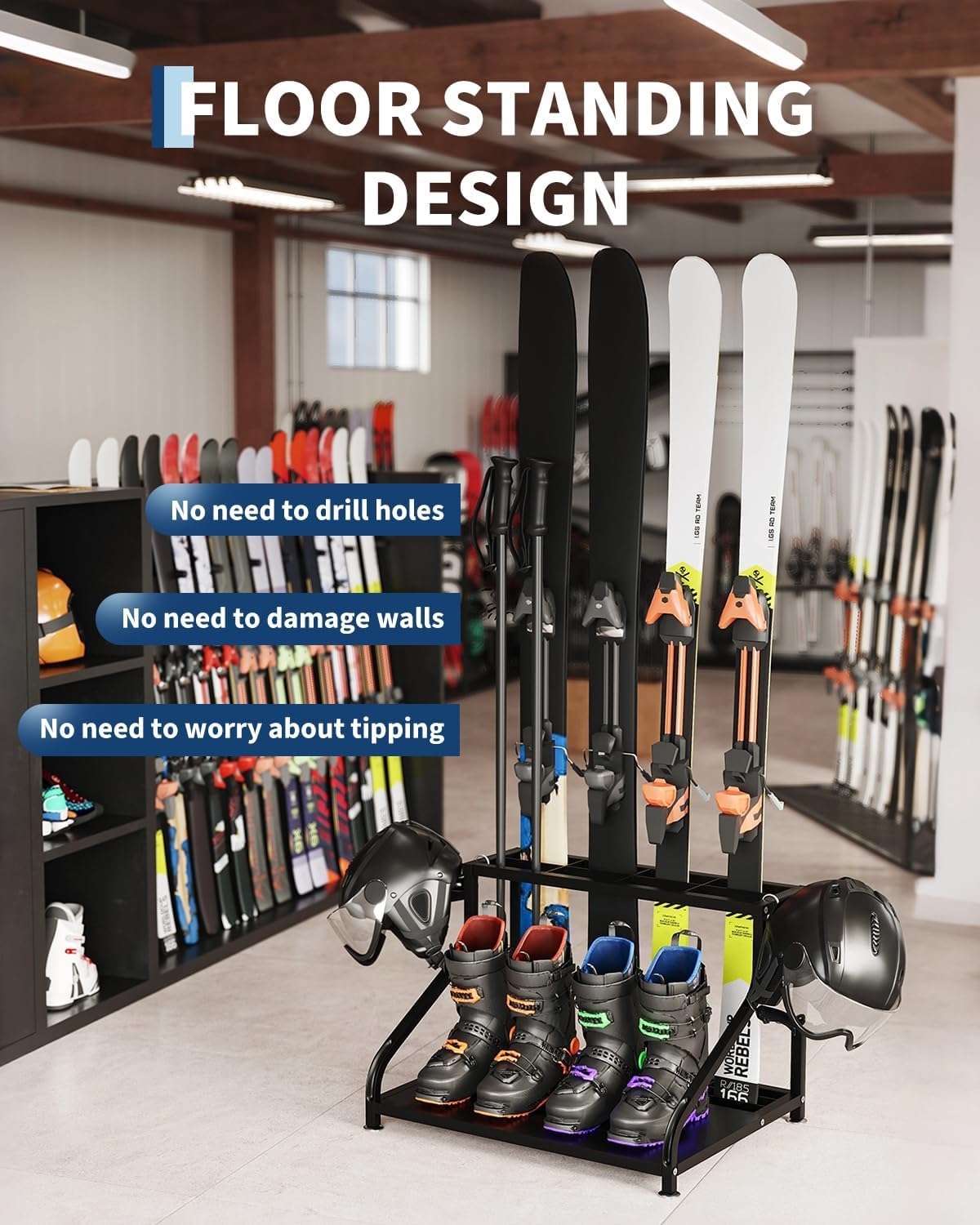 Support à Skis Autoportant Robust - Rack De Rangement Pour Équipement De Ski Avec Espace Pour Skis, Chaussures Et Casques - Organisateur Polyvalent Pour Garage Et Sous-Sol