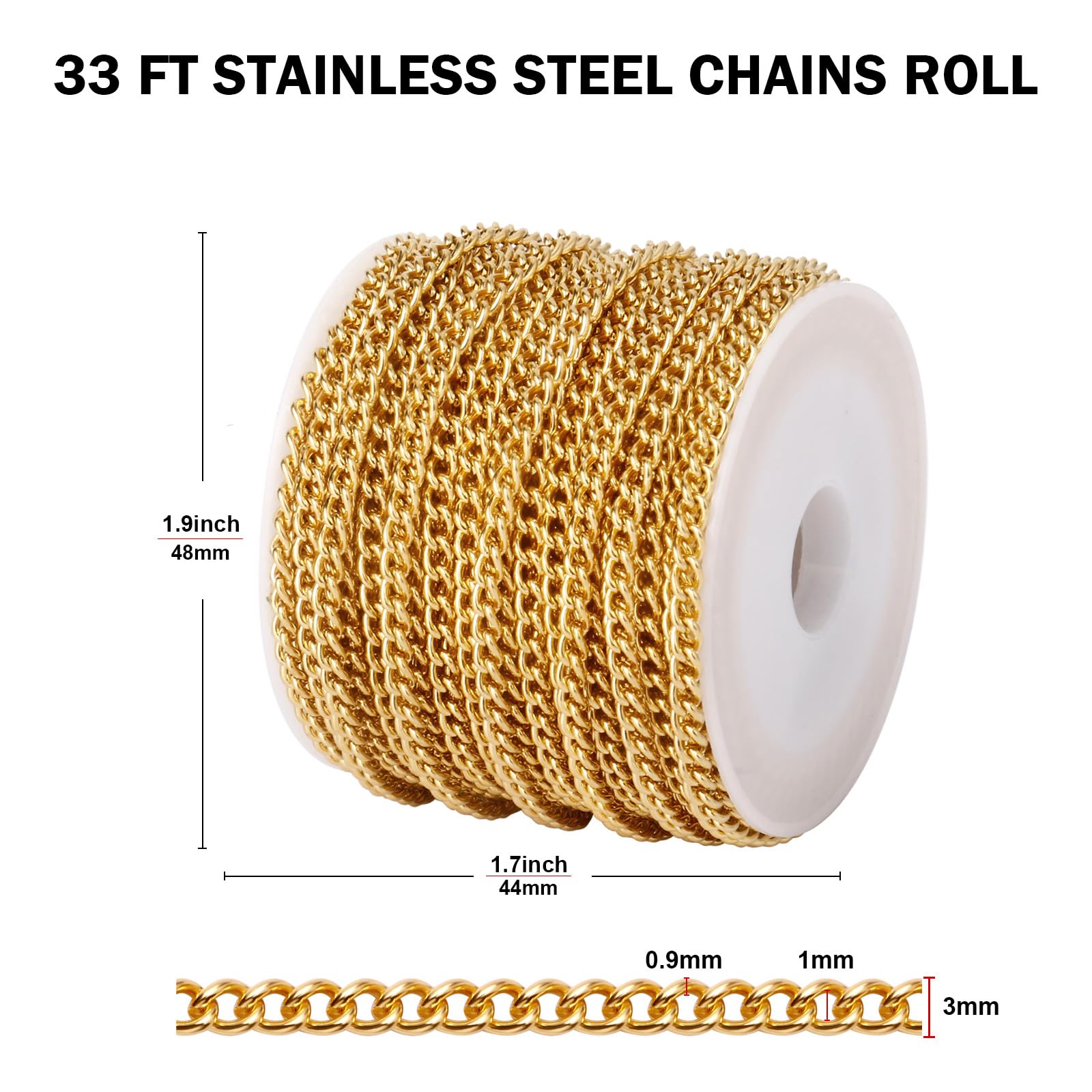 Catena barbazzale placcata in oro 18 K, lunghezza 3 m, 3 mm, per la creazione di gioielli fai da te | Catena a maglia barbazzale piatta in acciaio inossidabile 304 color oro per la creazione di gioielli