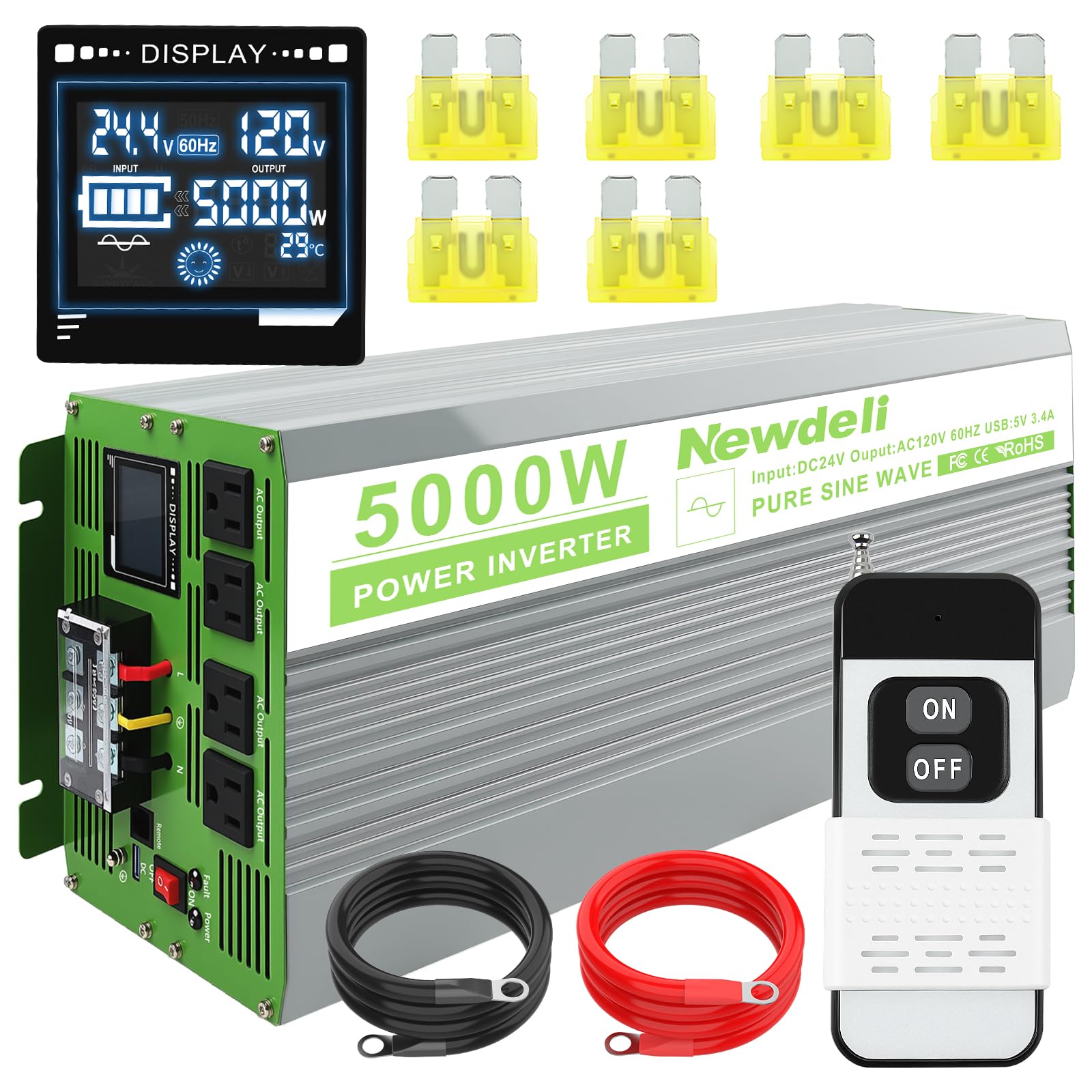 Newdeli 5000 Watt Power Inverter 24V DC to 110V/120V AC Converter 10000W Peak Pure Sine Wave Inverter with LCD Display, Wireless Controller, 4 AC Outlets and 3.4A USB for Vehicles Car Truck RV Solar