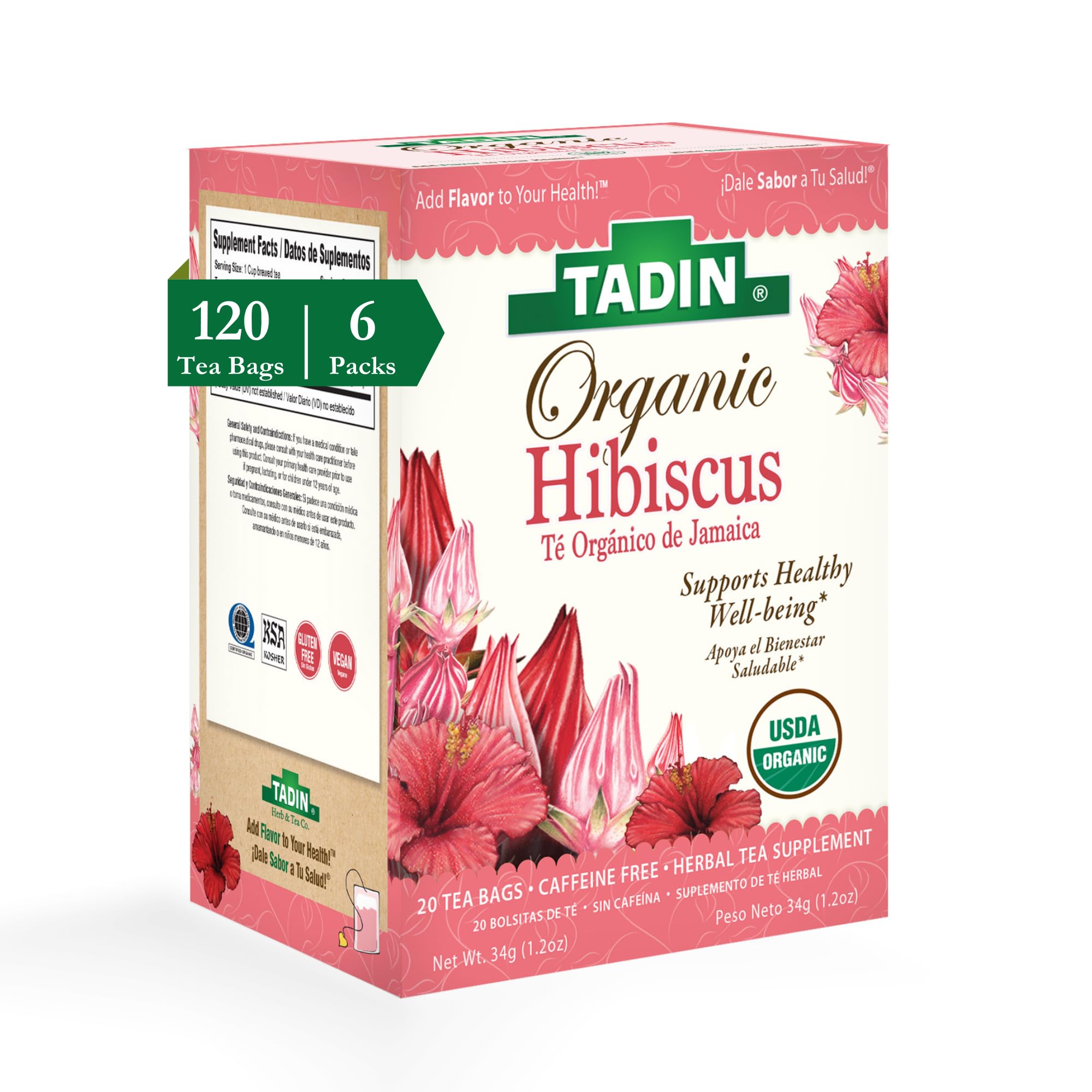Organic Hibiscus Tea, Everyday Wellness Caffeine Free Herbal Tea, Enjoy Hot or Iced, 20 Tea Bags Per Box, Pack of 6