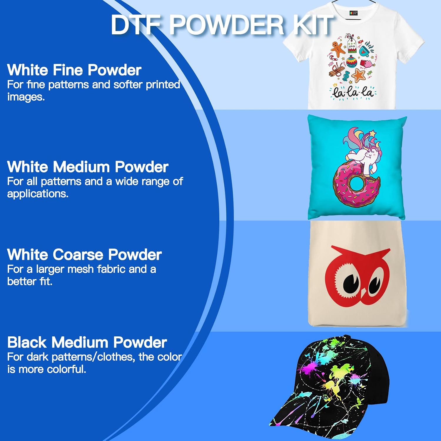 DTF Powder Kit, DTF Adhesive Powder Include Fine Medium Coarse, White Black DTF Transfer Powder Hot Melt Adhesive applies to All DTF Transfer Printers for Digital Prints on DTF Supply