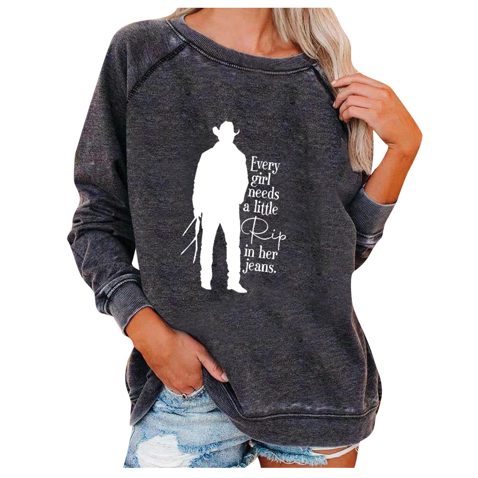 CeboyelEvery Girl Needs A Little Rip in Her Jeans Women Vintage Western Sweatshirts Funny Letter Pullover Top Crewneck Shirt Clothes